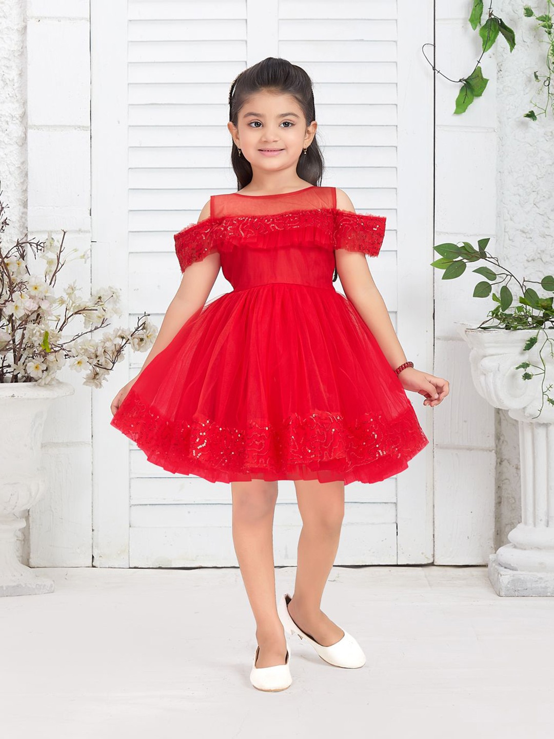 

HERE&NOW Off-Shoulder Net Fit & Flare Dress, Red
