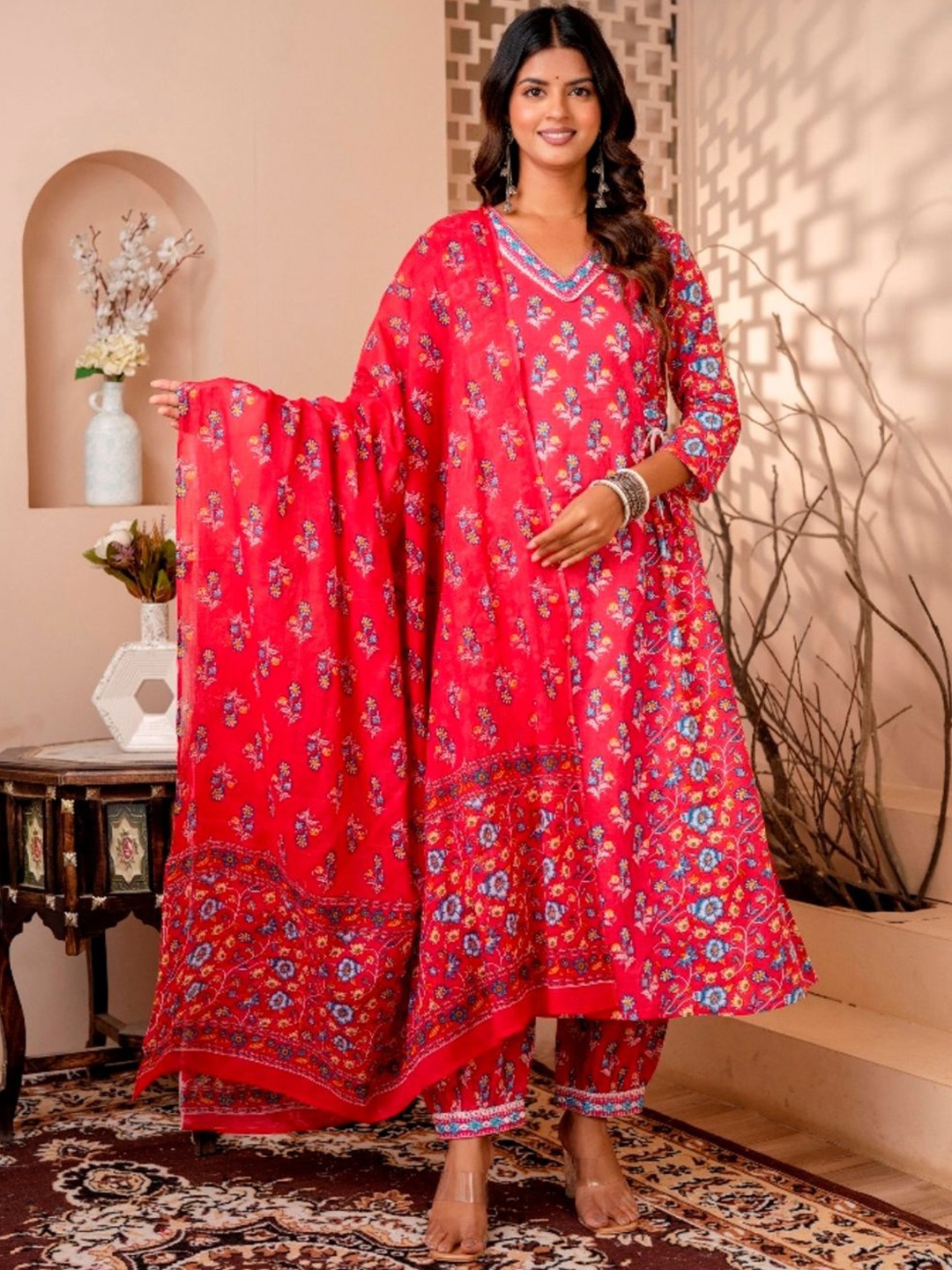 

KALINI Women Floral Printed Pleated Pure Cotton Kurta with Trousers & With Dupatta, Red