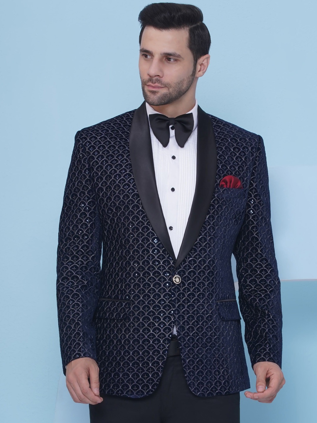 

FAVOROSKI Men Embroidered Relaxed Fit Wedding Sequence Velvet Blazer, Blue