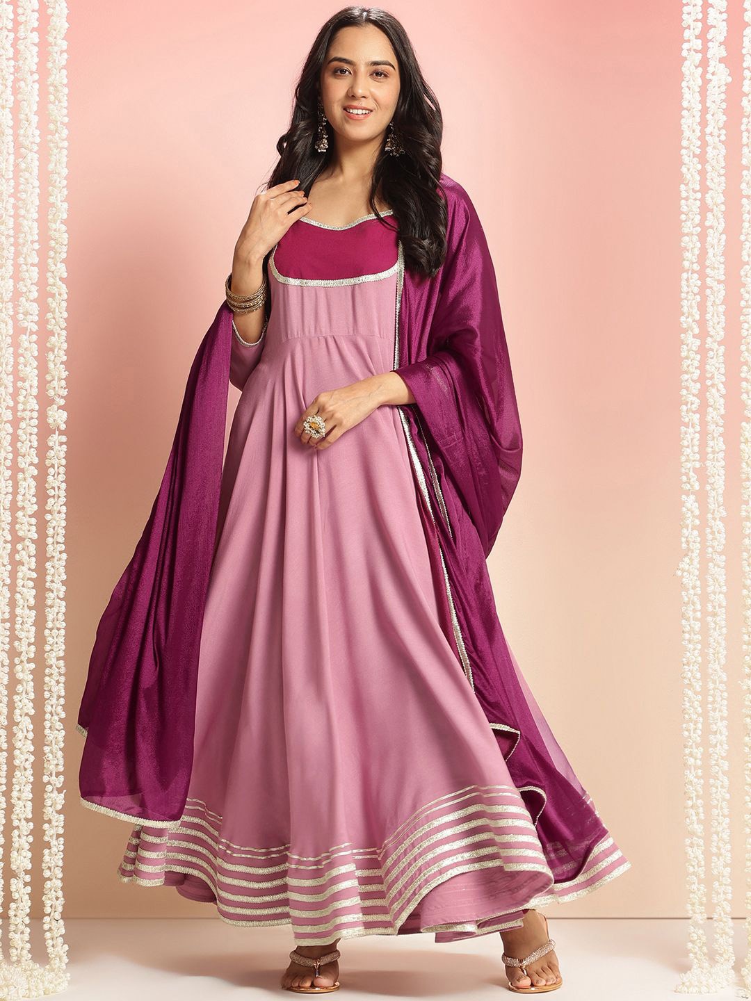 

GoSriKi Gotta Patti Sweetheart Neck Anarkali Kurta With Trouser And Dupatta, Lavender