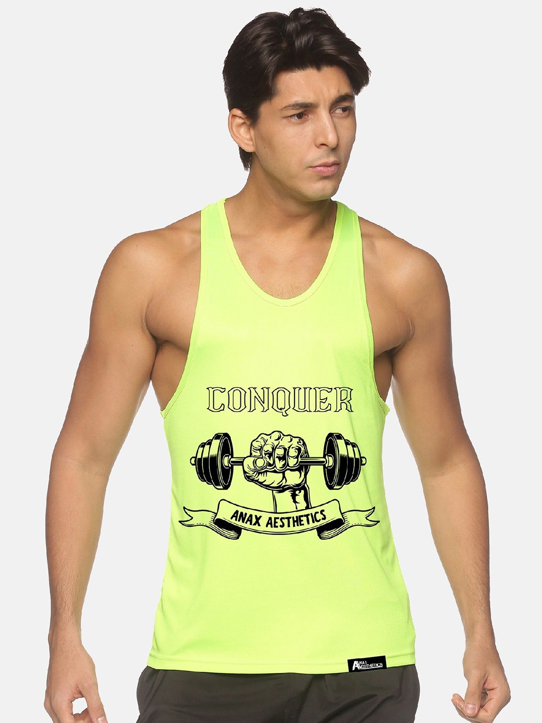 

Anax Aesthetics Men Polyester Dri-Fit Printed Sleeveless Sando Gym Vest Stringer Tank Top, Green