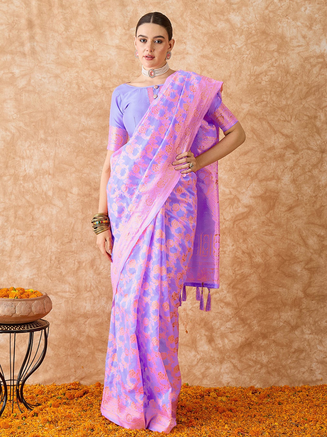 

MANVAA Woven Design Zari Silk Blend Banarasi Saree, Lavender