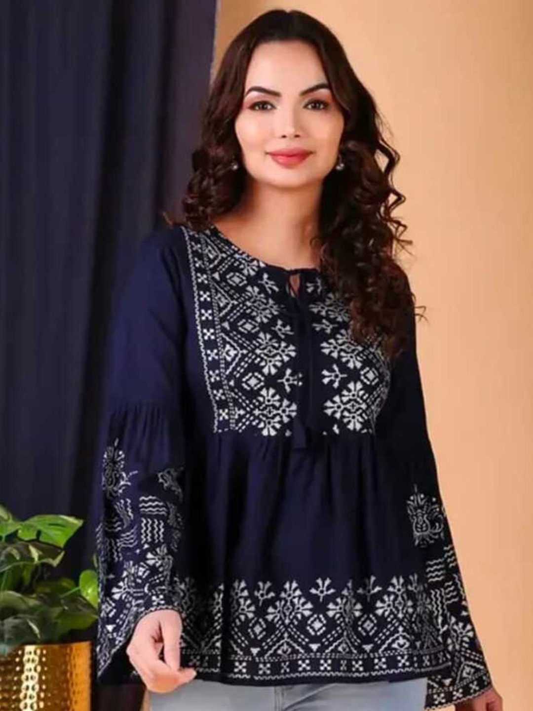 

OSAMWEAR Printed Bell Sleeve Peplum Top, Navy blue