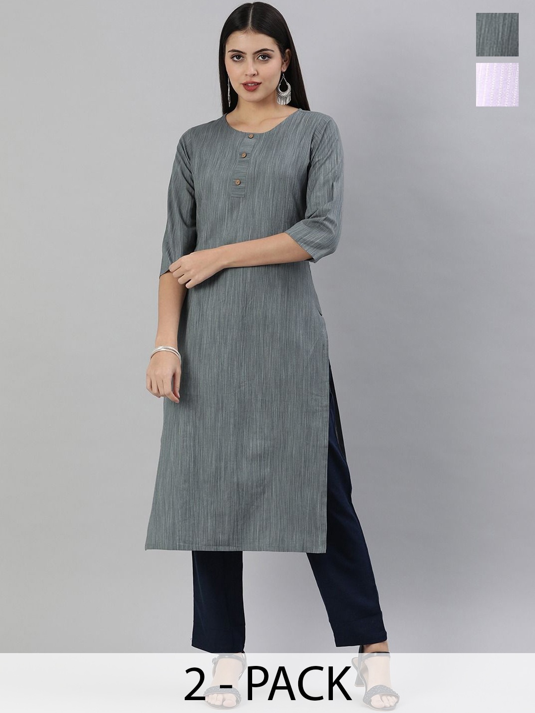 

KALINI Selection Of 2 Woven Design Round Neck Straight Kurtas, Charcoal