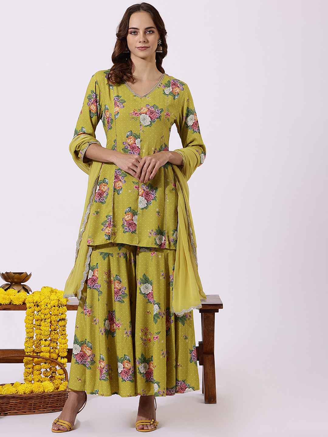 

W Women Floral Printed Empire Kurta with Sharara & With Dupatta, Green