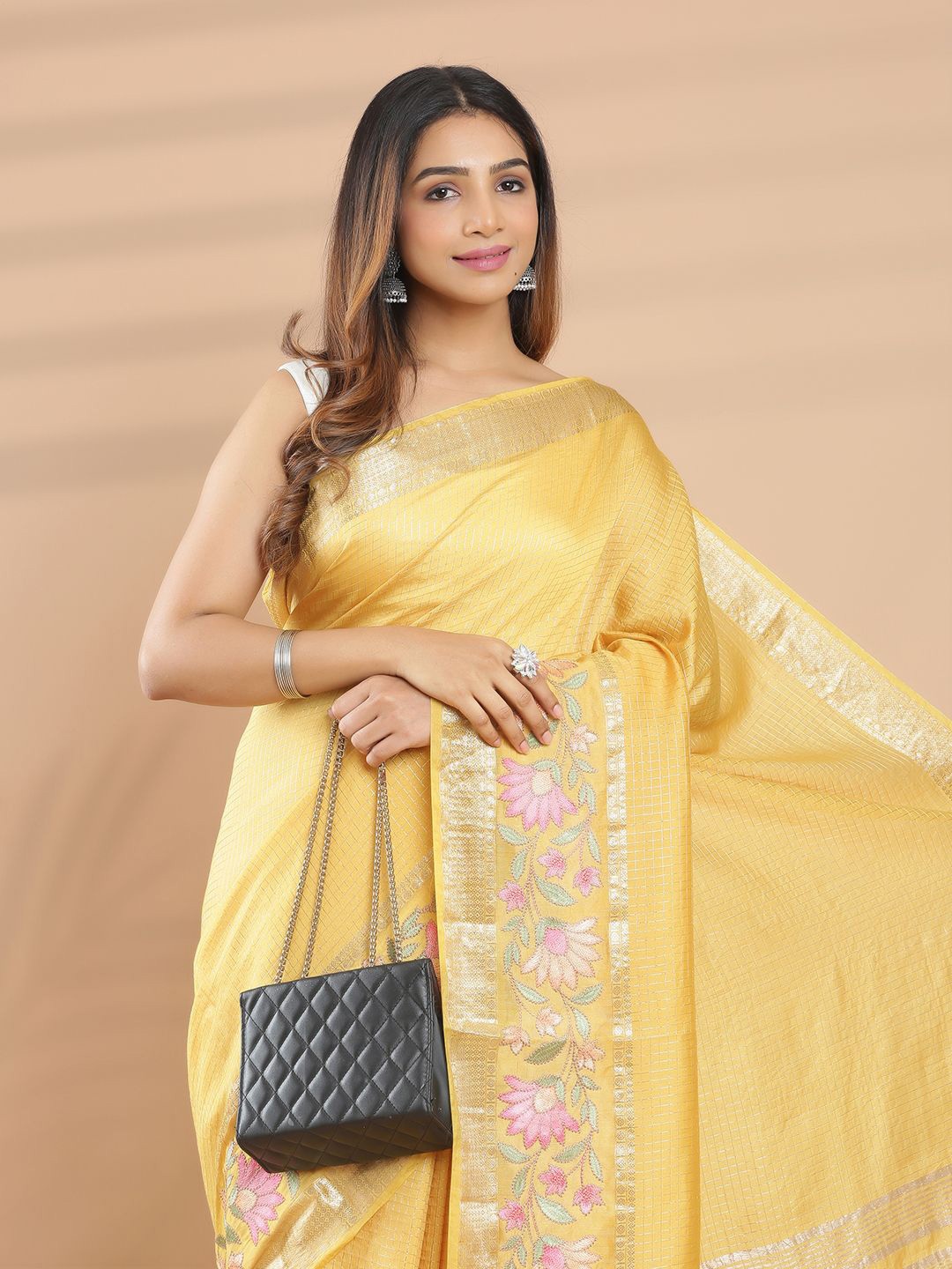 

Kalyan Silks Checked Embroidered Silk Blend Saree, Mustard