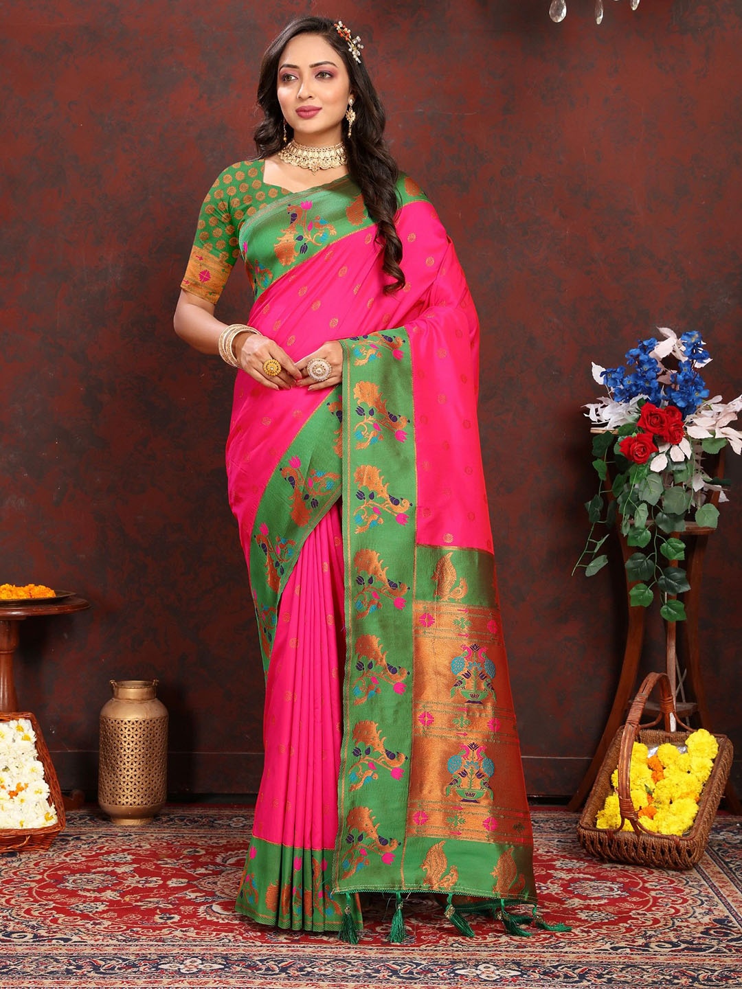 

LeeliPeeri Designer Woven Design Zari Silk Blend Paithani Saree, Pink