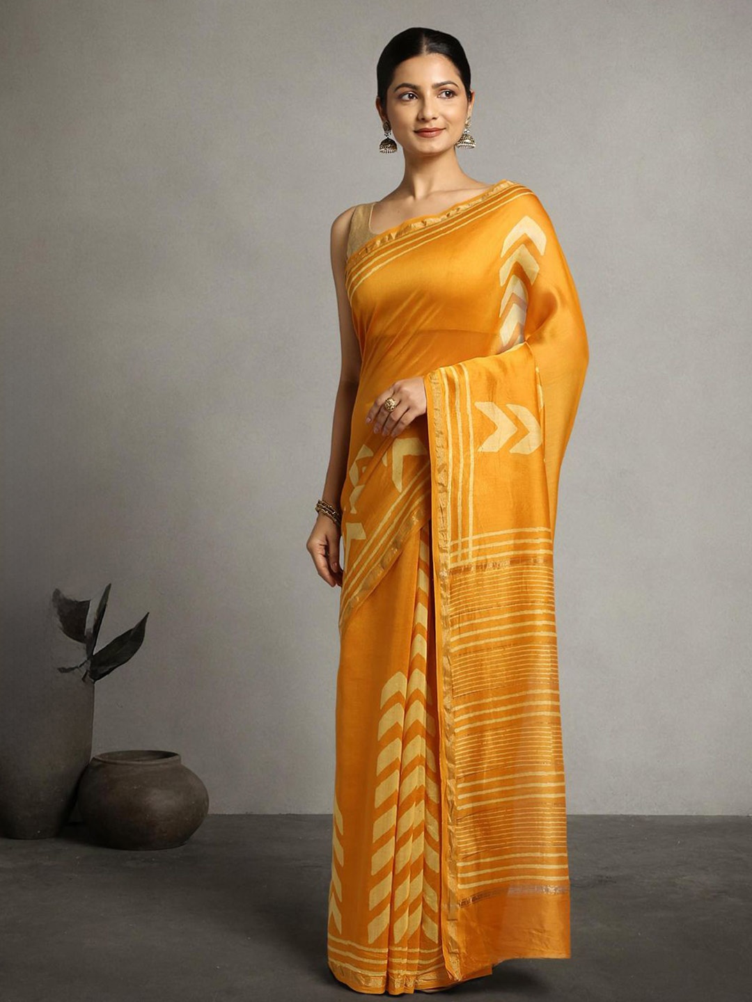 

Suha Handblock Print Zari Chanderi Saree, Yellow