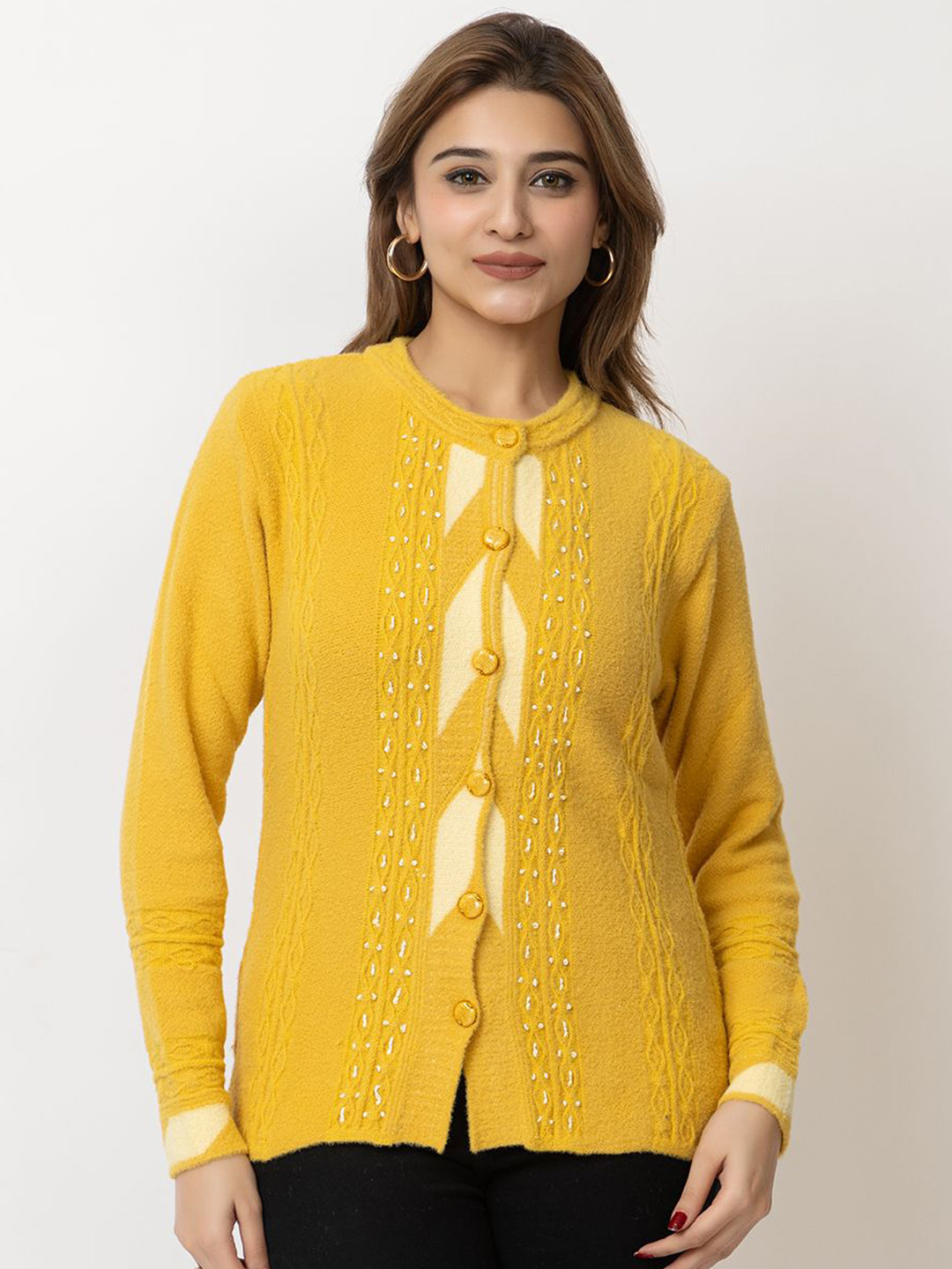 

Lady Leaf Women Self Design Cable Knit Embroidered Cardigan, Mustard