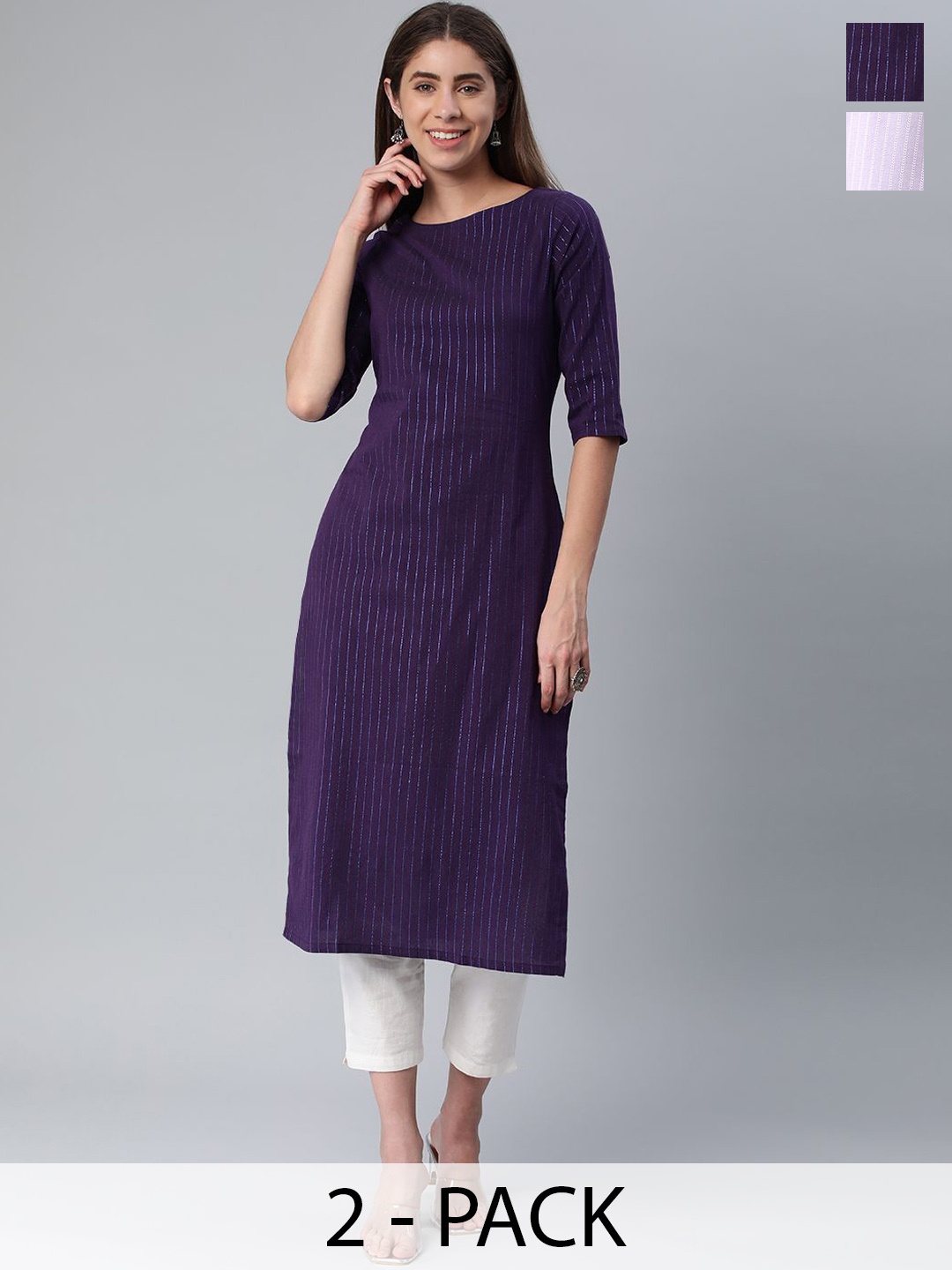 

KALINI Selection Of 2 Striped Round Neck Straight Kurtas, Violet