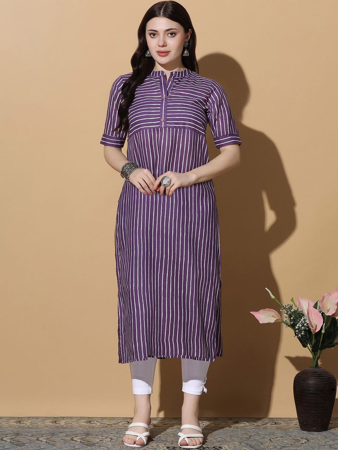 

Moda Rapido Striped Mandarin Collar Straight Kurta, Purple