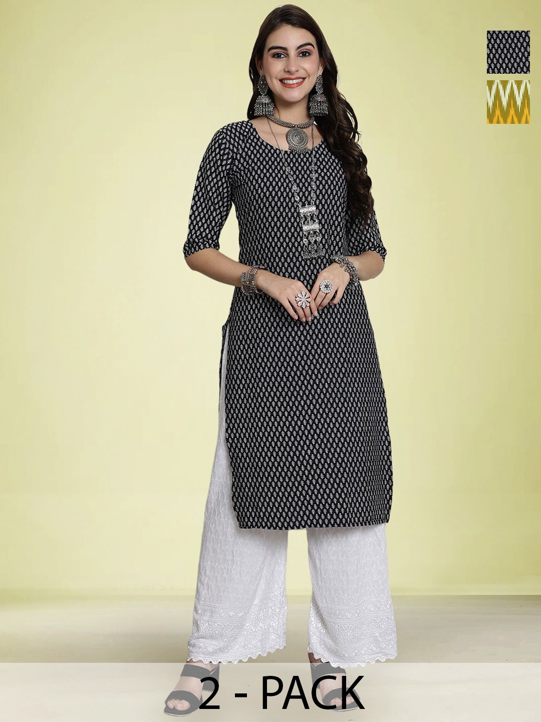 

Moda Rapido Pack Of 2 Ethnic Motifs Printed Round Neck Straight Kurtas, Black