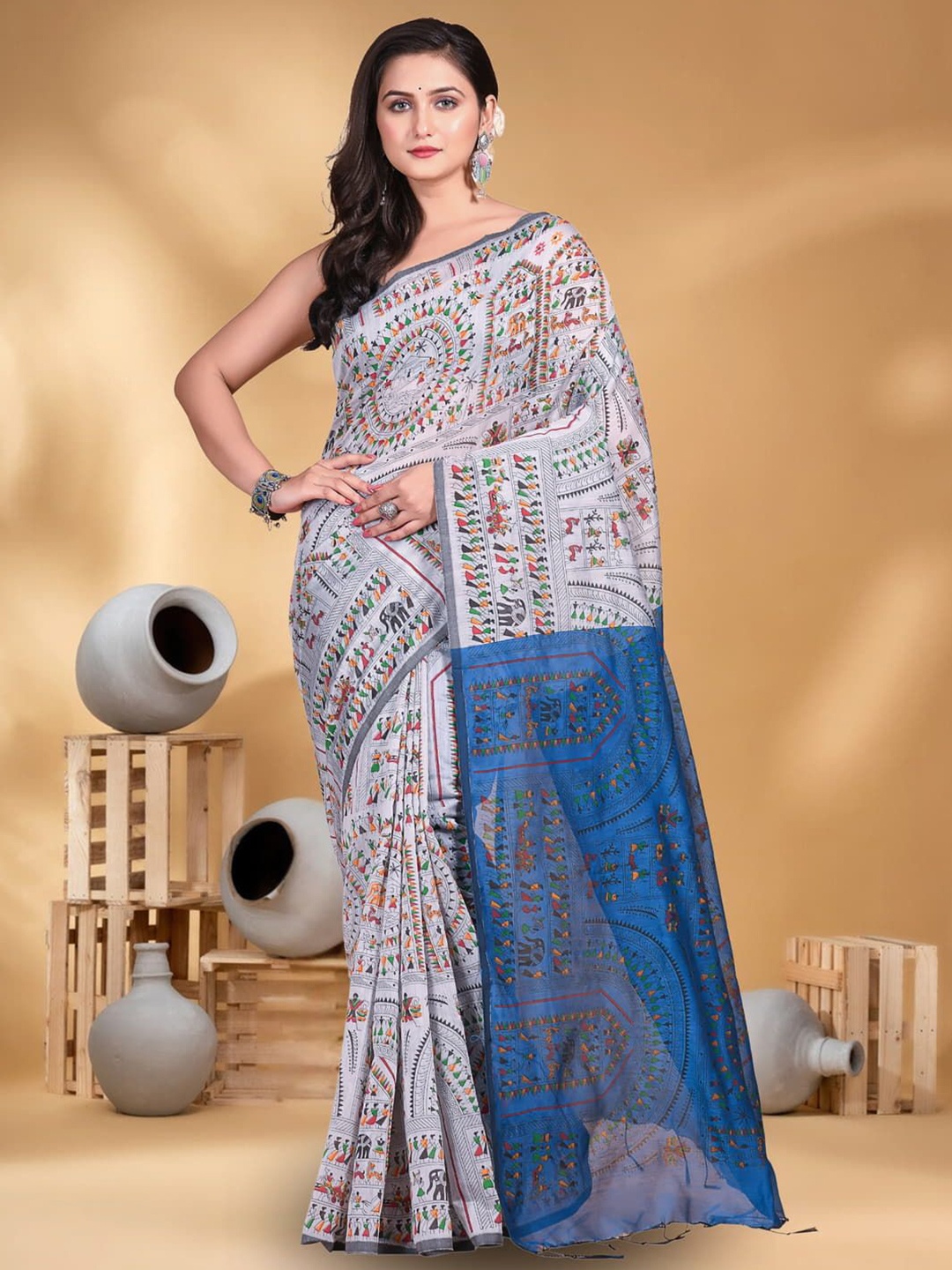 

T.J. SAREES Pure Cotton Block Print Saree, Off white