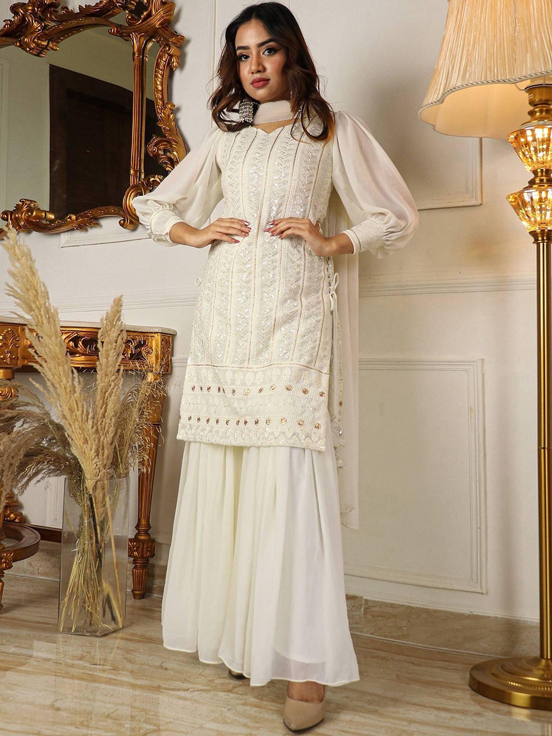 

SANCIA Floral Embroidered High Slit Sequinned Georgette Kurta With Sharara & Dupatta, Off white