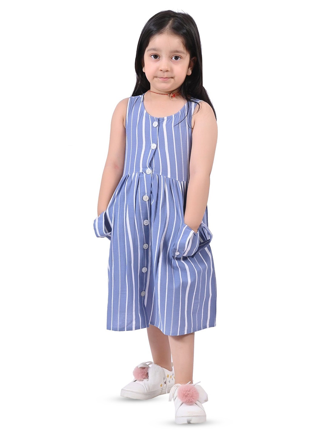 

Megha Overseas Girls Striped Cotton A-Line Dress With Pocket Detailed, Blue