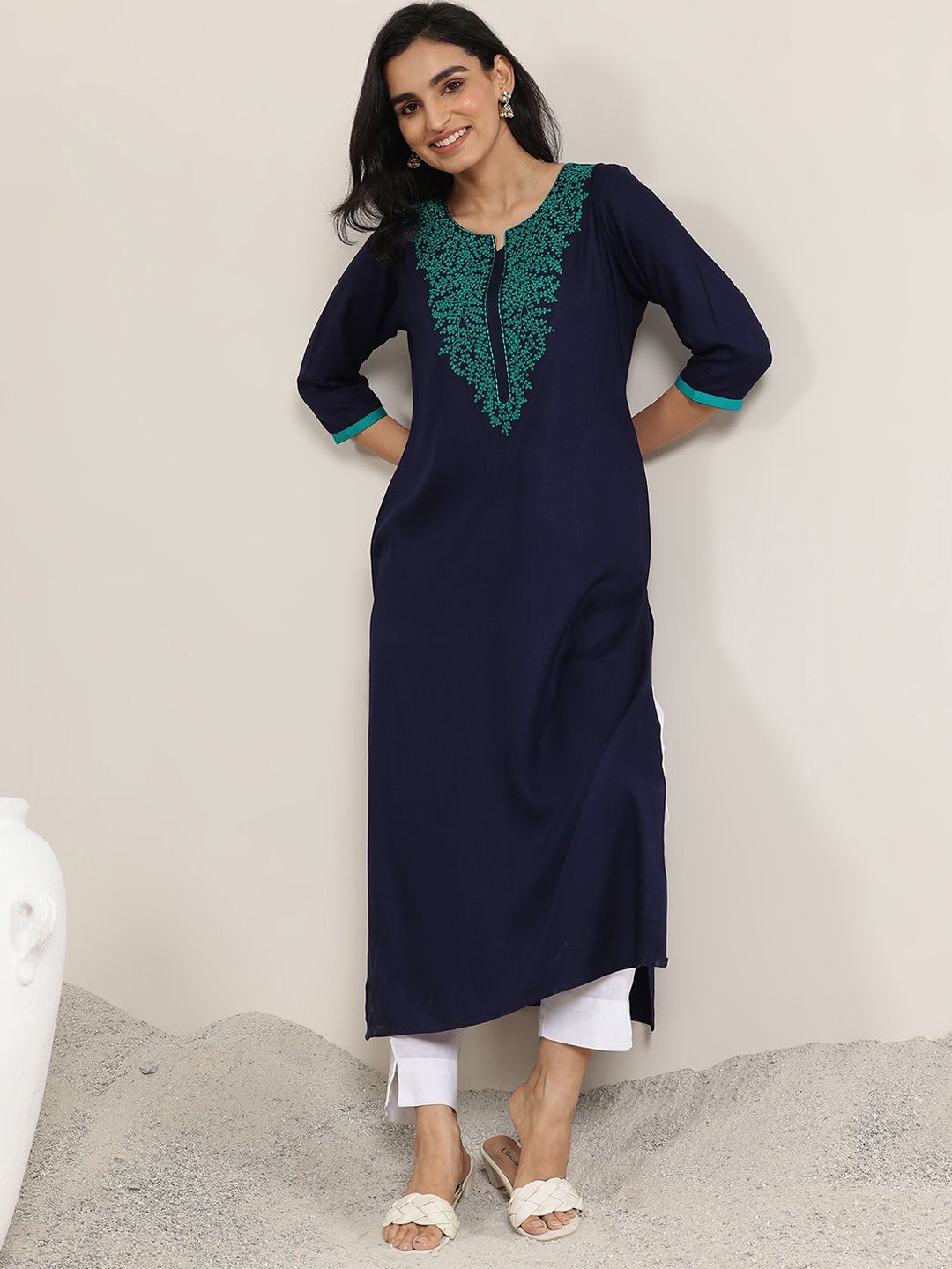 

Libas Women Floral Yoke Design Thread Work Kurta, Navy blue
