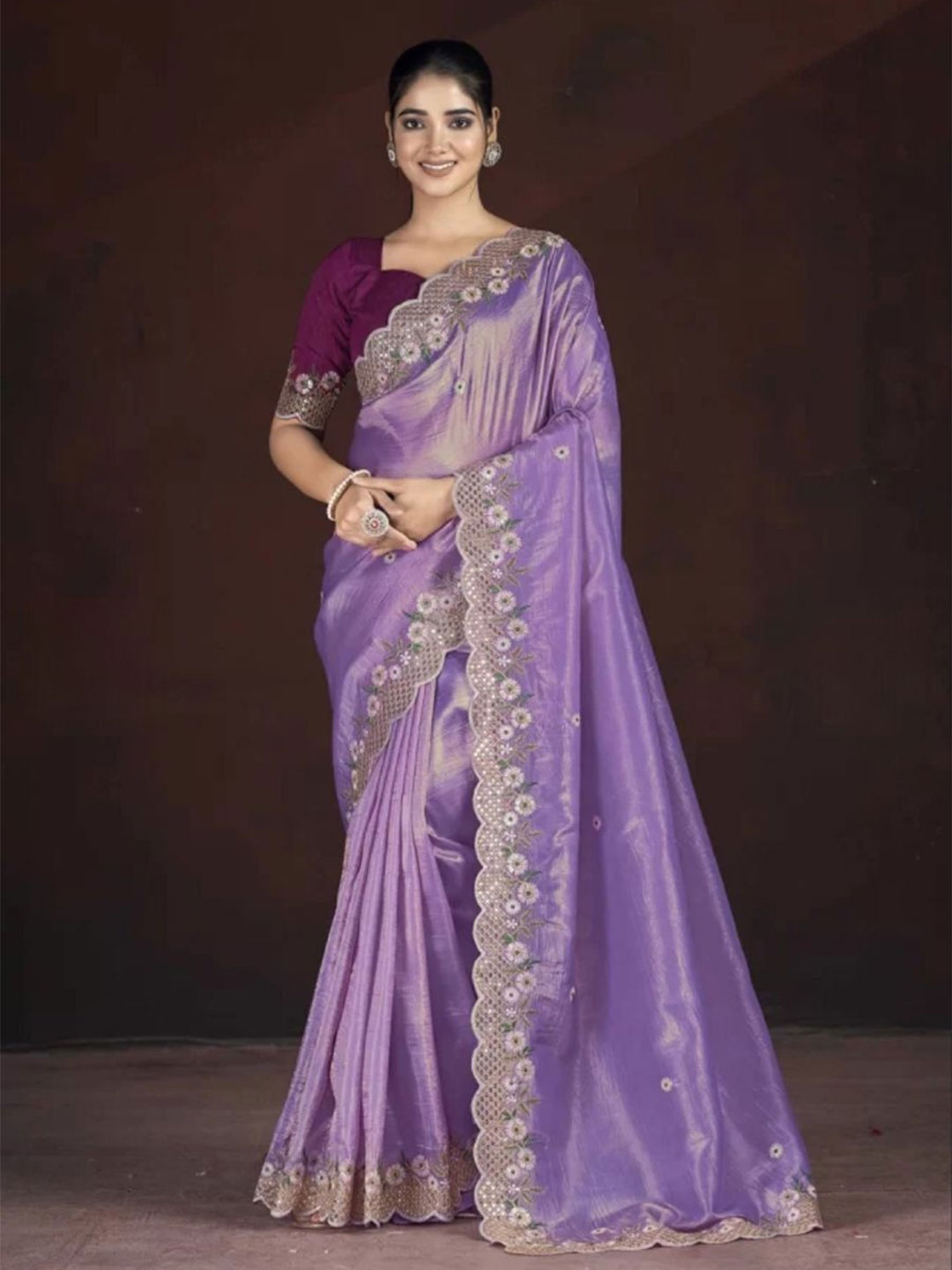 

HERE&NOW Floral Embroidered Tissue Saree, Lavender