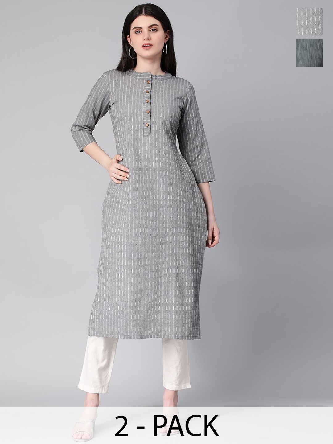 

KALINI Selection Of 2 Round Neck Striped Straight Kurtas, Charcoal