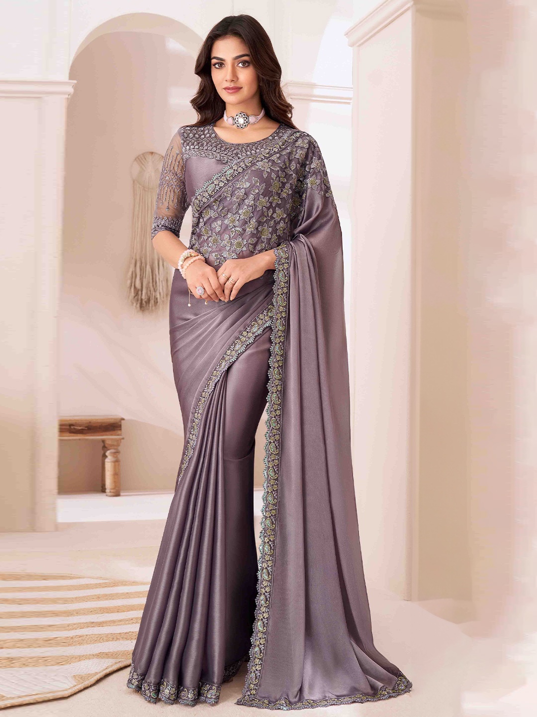 

Blissta Embellished Sequinned Pure Georgette Saree, Grey