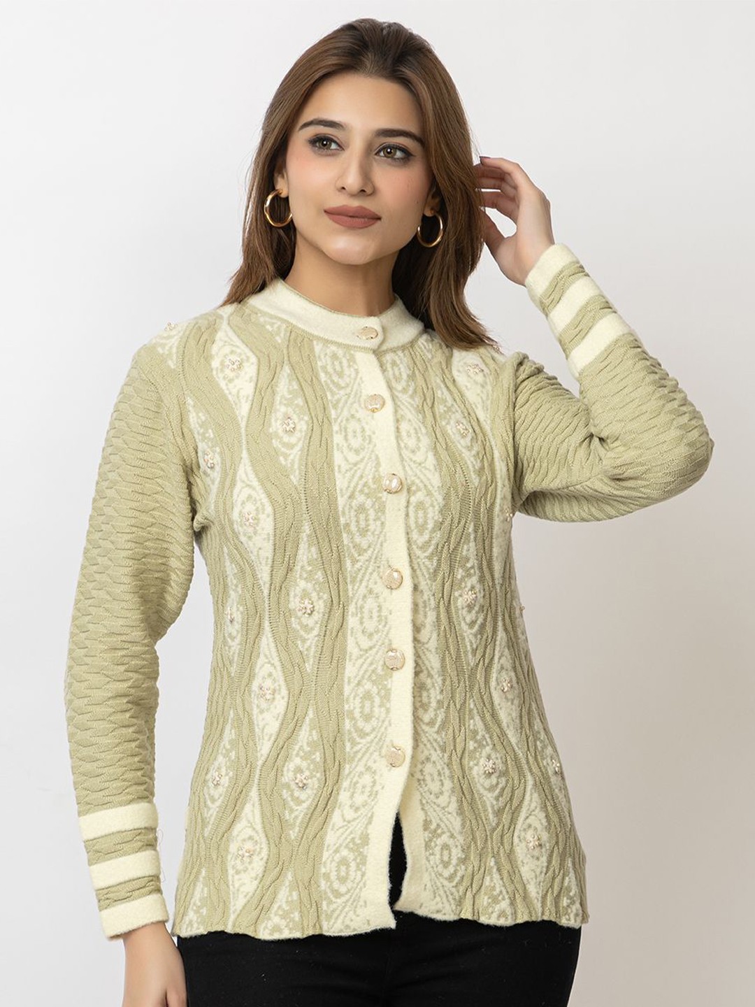 

Lady Leaf Women Cable Knit Cardigan, Lime green