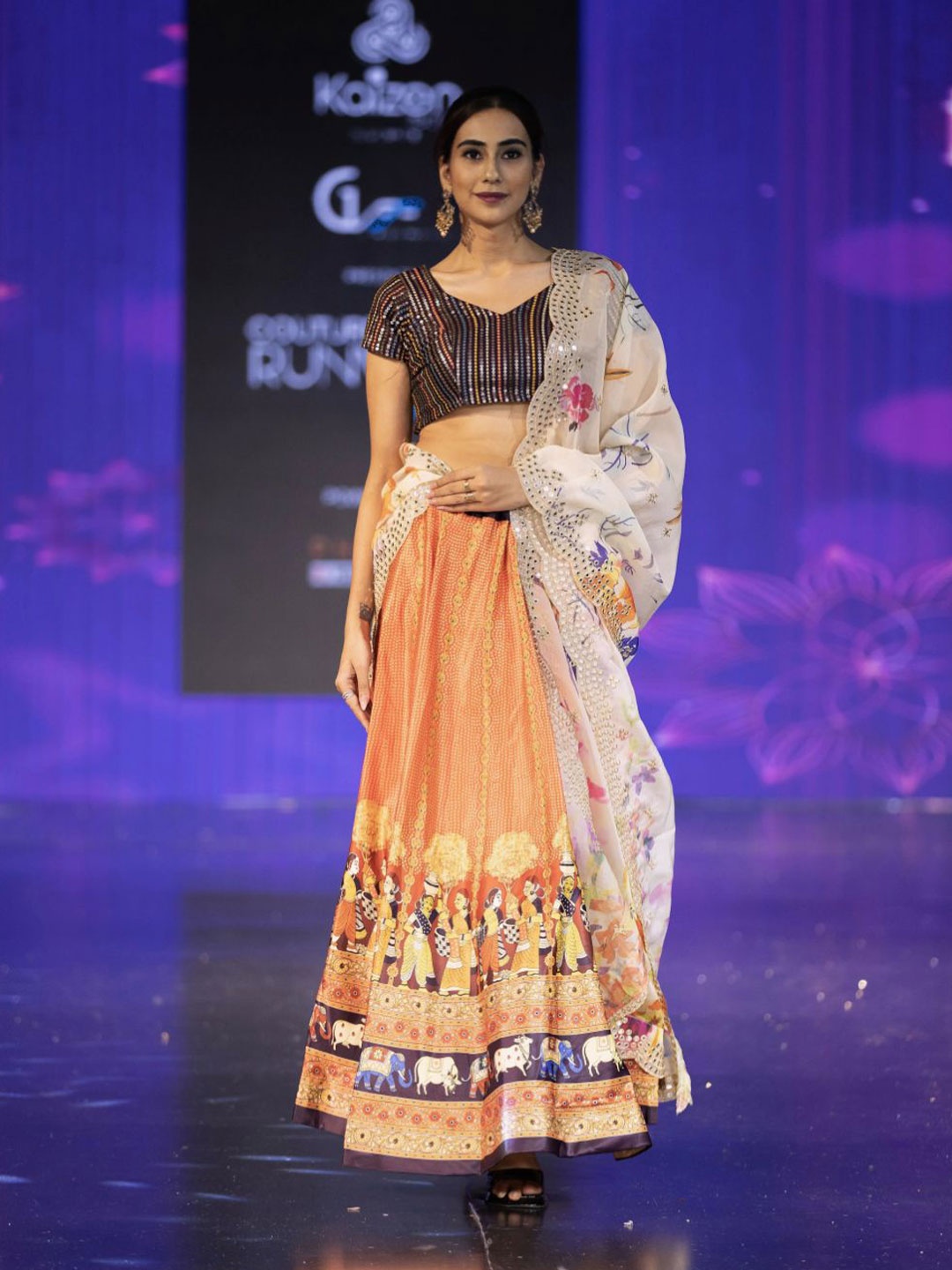 

Kaizen TEXO FAB Embroidered Semi-Stitched Lehenga & Unstitched Blouse With Dupatta, Orange