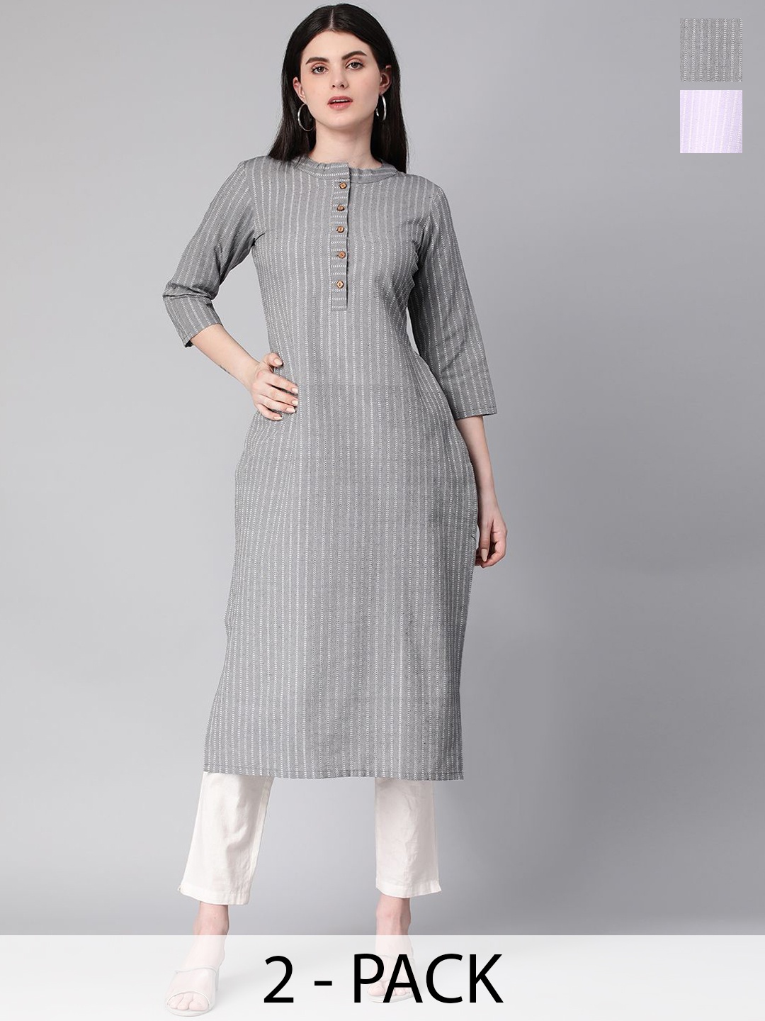 

KALINI Selection Of 2 Striped Woven Design Mandarin Collar Straight Kurta, Grey