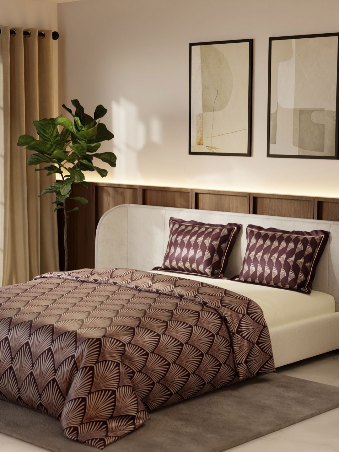 

Stoa Paris Lumiere Purple & Beige 4 Pieces Striped Printed Satin Double King Bedding Set