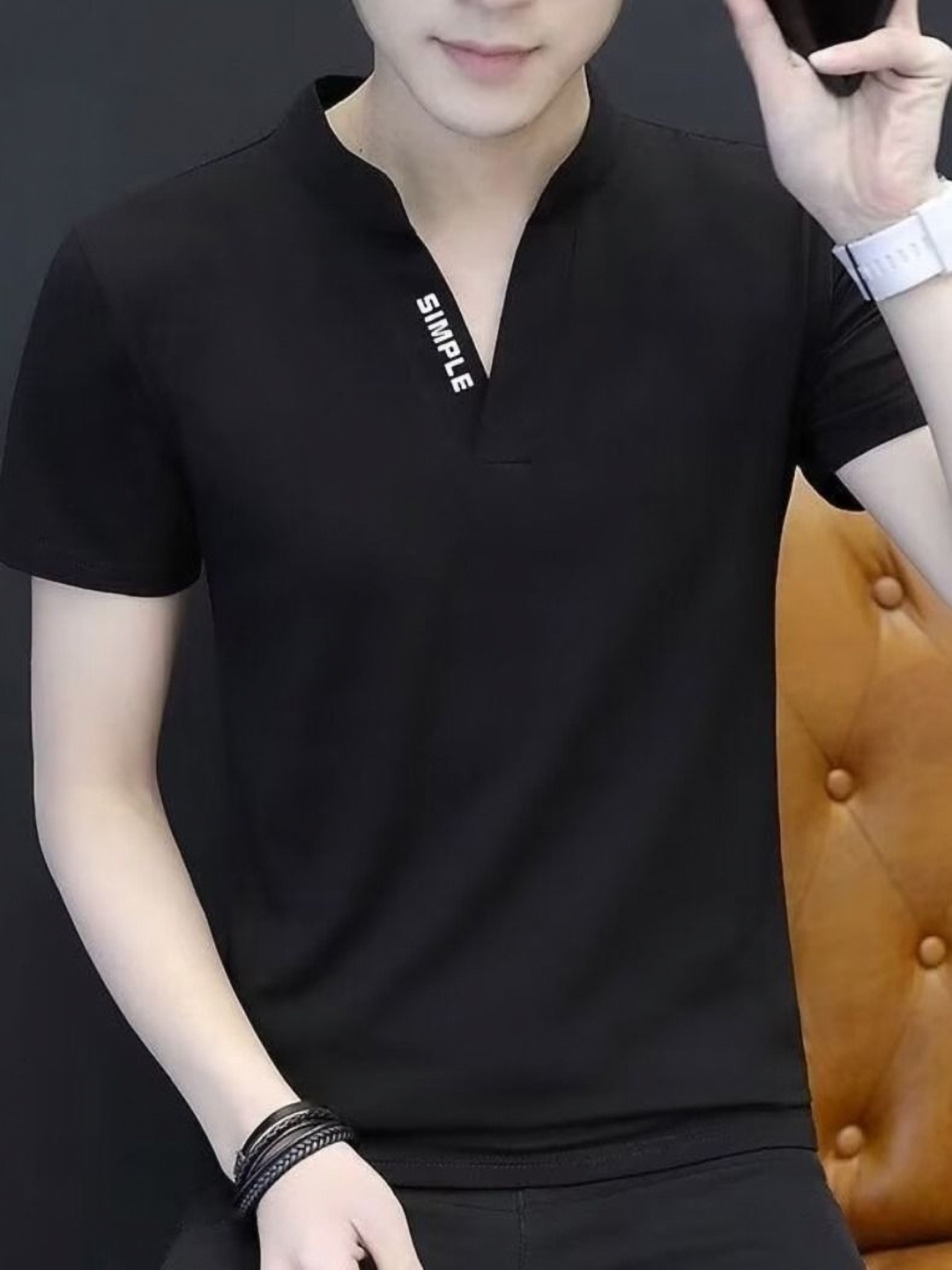 

StyleCast Men Solid Mandarin Collar T-shirt, Black