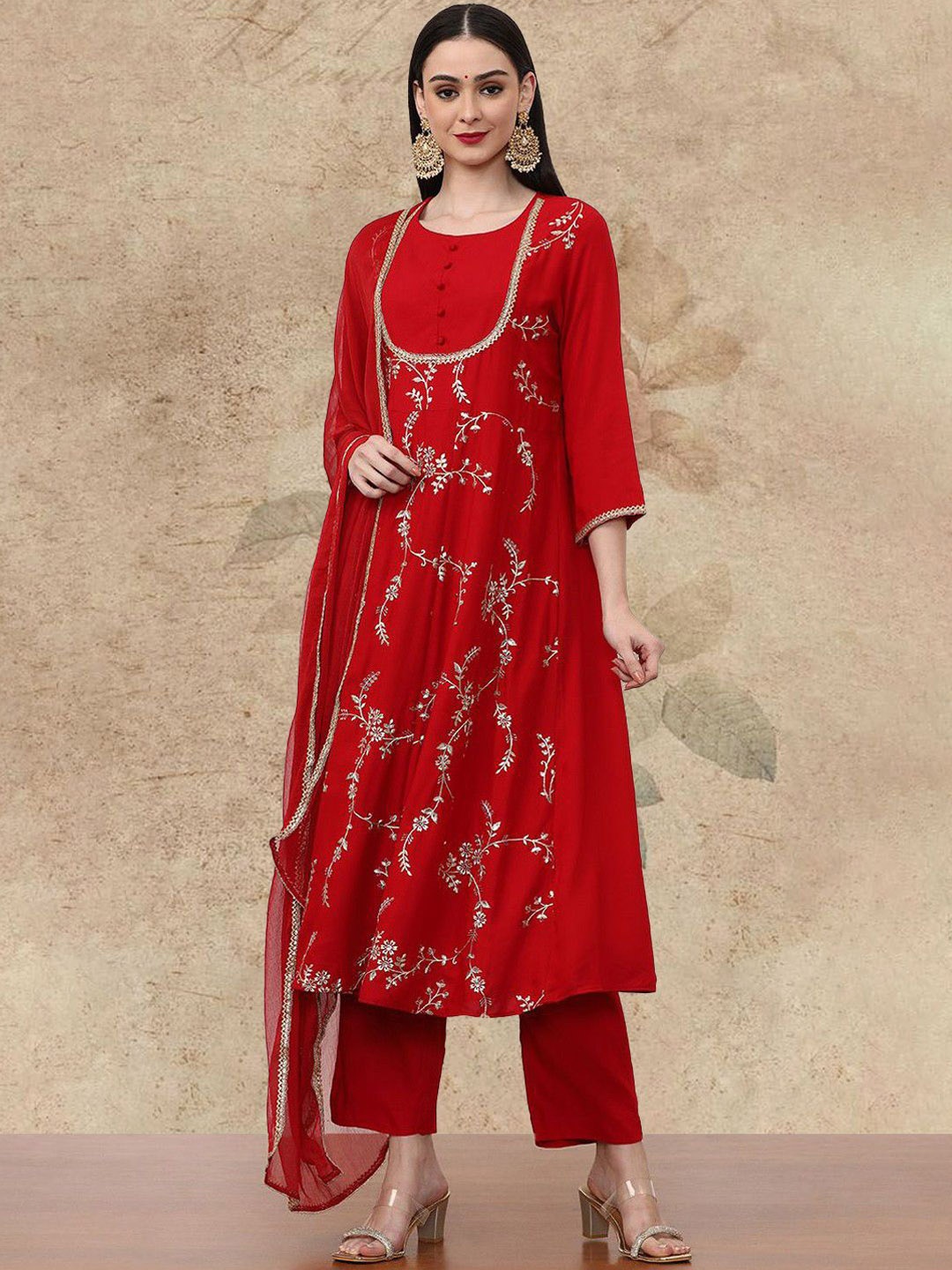 

AVANSHEE Women Ethnic Motifs Embroidered Regular Kurta with Trousers & With Dupatta, Red
