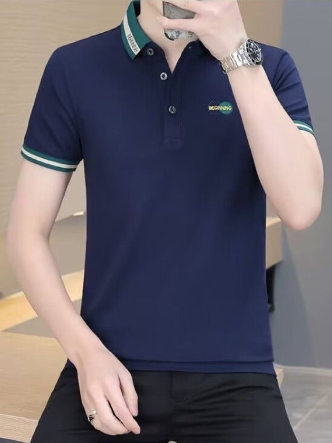 

StyleCast Men Solid Polo Collar Silk T-shirt, Navy blue