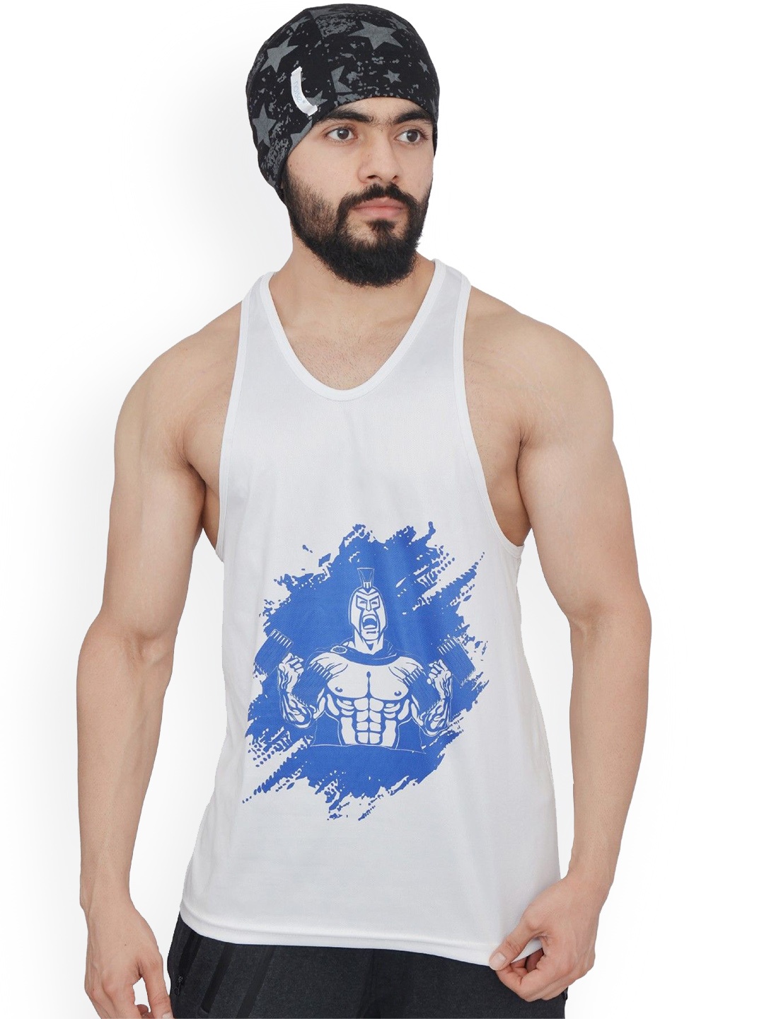 

Anax Aesthetics Men Polyester Dri-Fit Printed Sleeveless Sando Gym Vest Stringer Tank Top, White