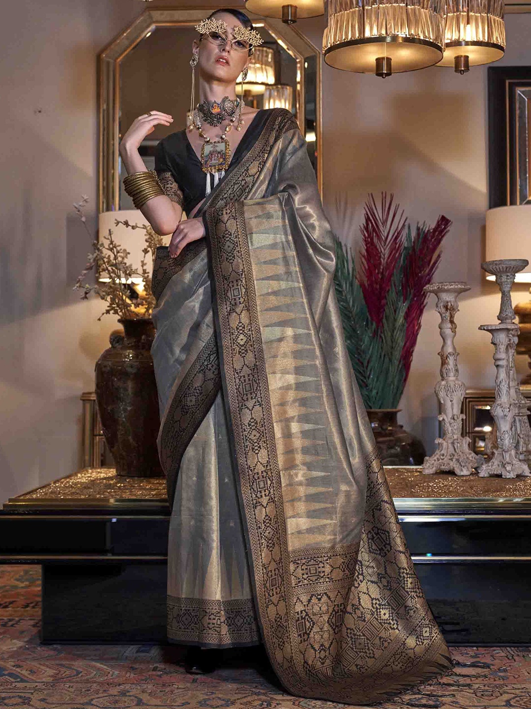 

Blissta Woven Design Zari Tissue Saree, Grey