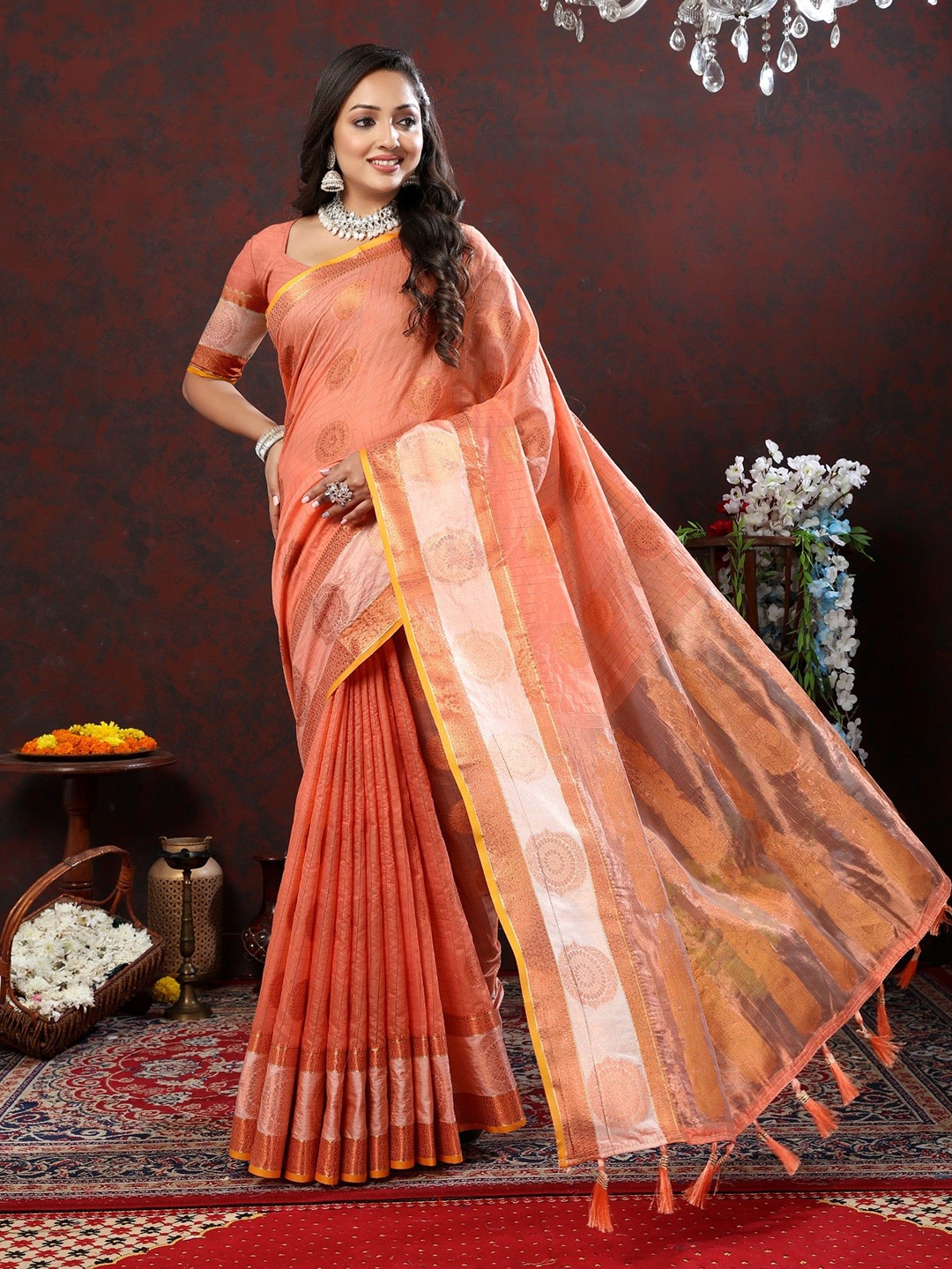 

LeeliPeeri Designer Ethnic Motifs Zari Saree, Peach