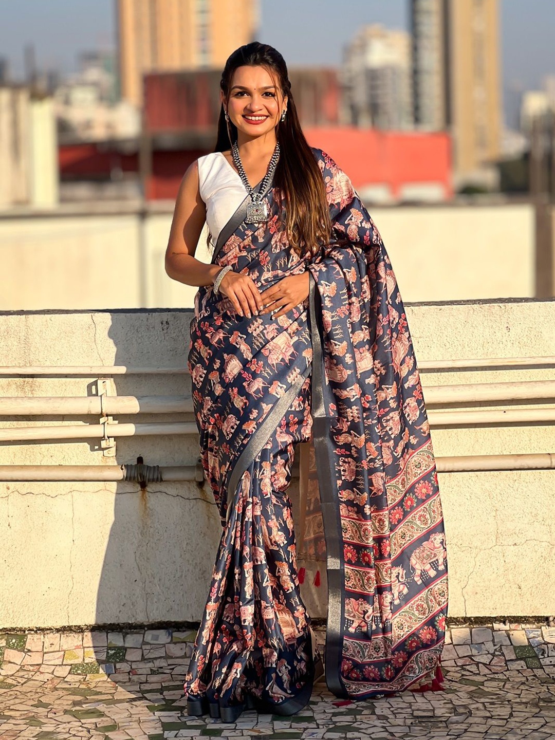 

VARNI FABRICS Women Woven Design Zari Pure Silk Tussar Saree, Blue