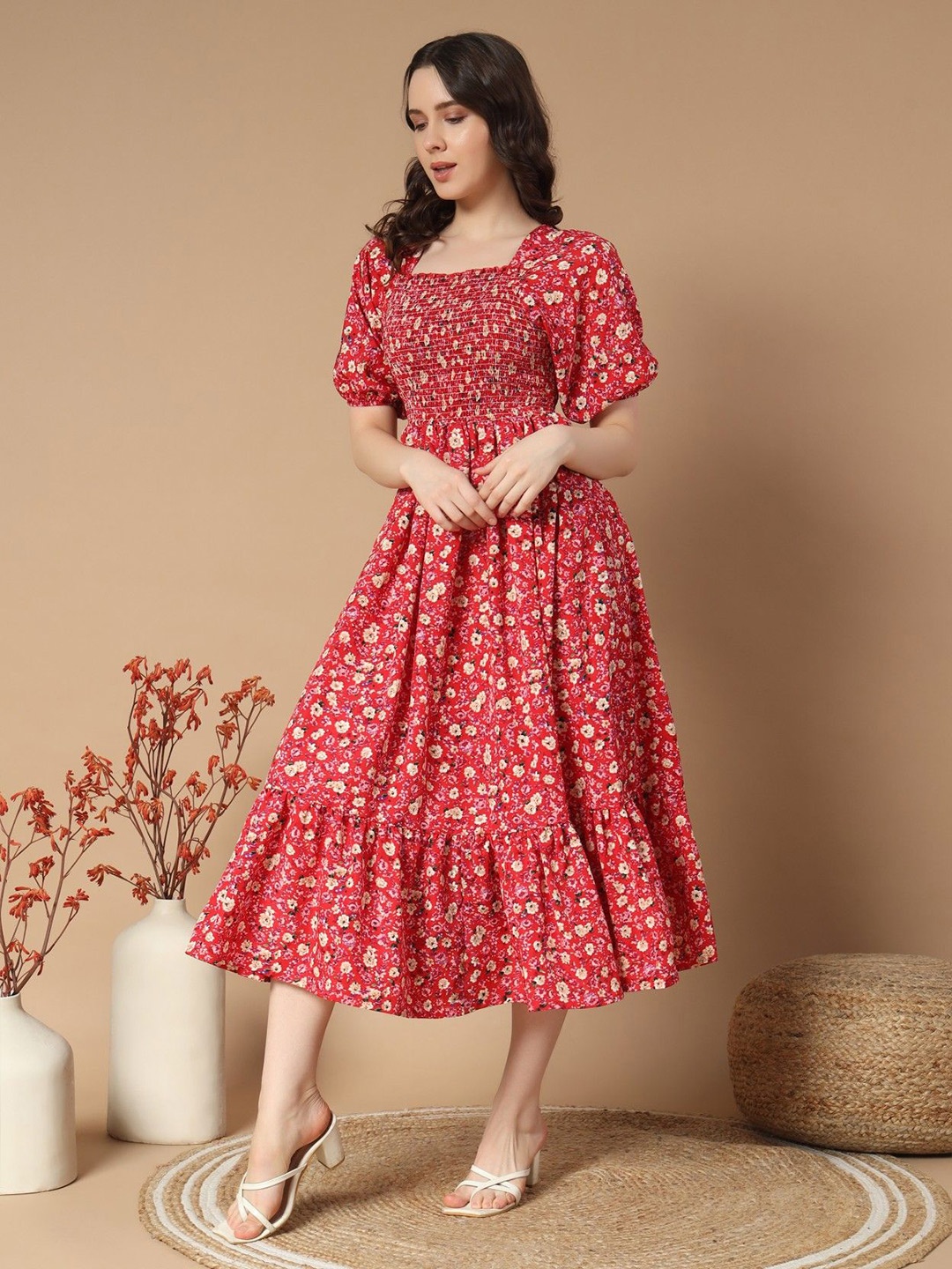 

Vastani Enterprise Print Puff Sleeve Crepe Fit & Flare Dress, Peach