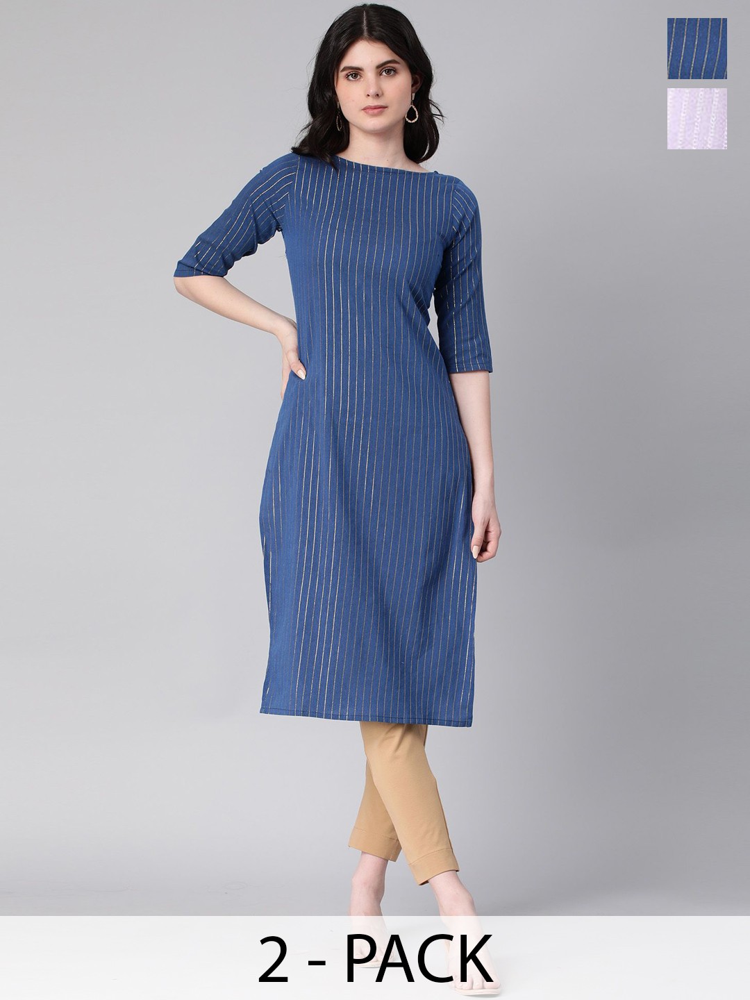 

KALINI Selection Of 2 Striped Woven Design Round Neck Straight Kurta, Navy blue