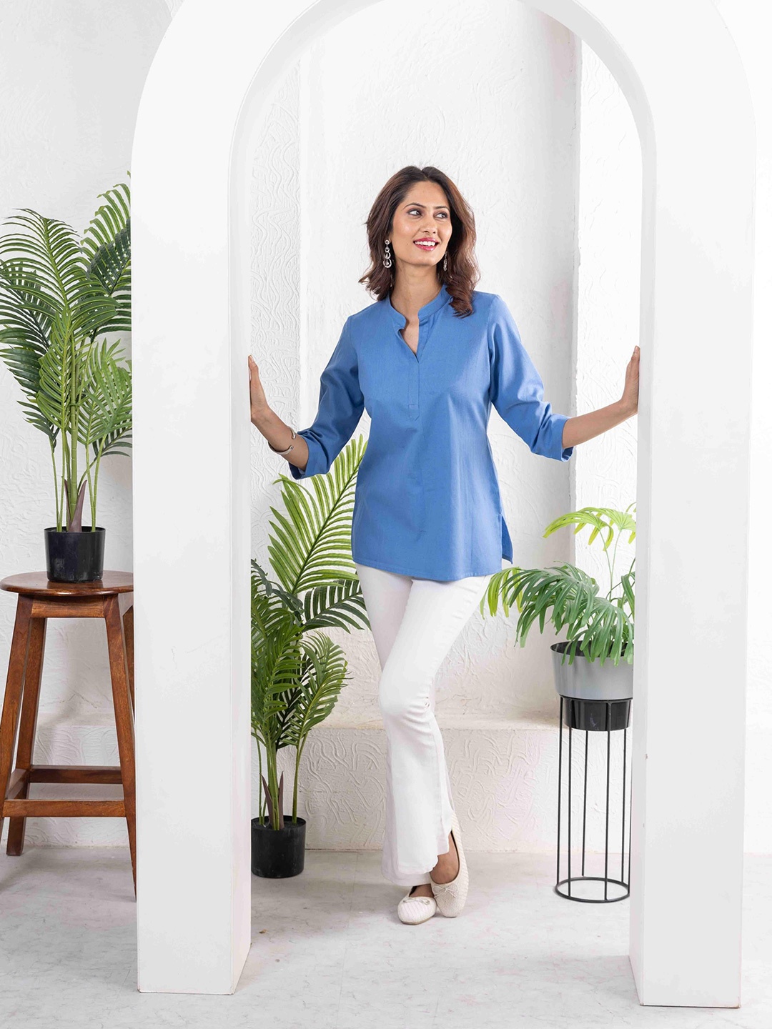 

INAAYA JAIPUR Mandarin Collar Cotton A-Line Longline Top, Blue