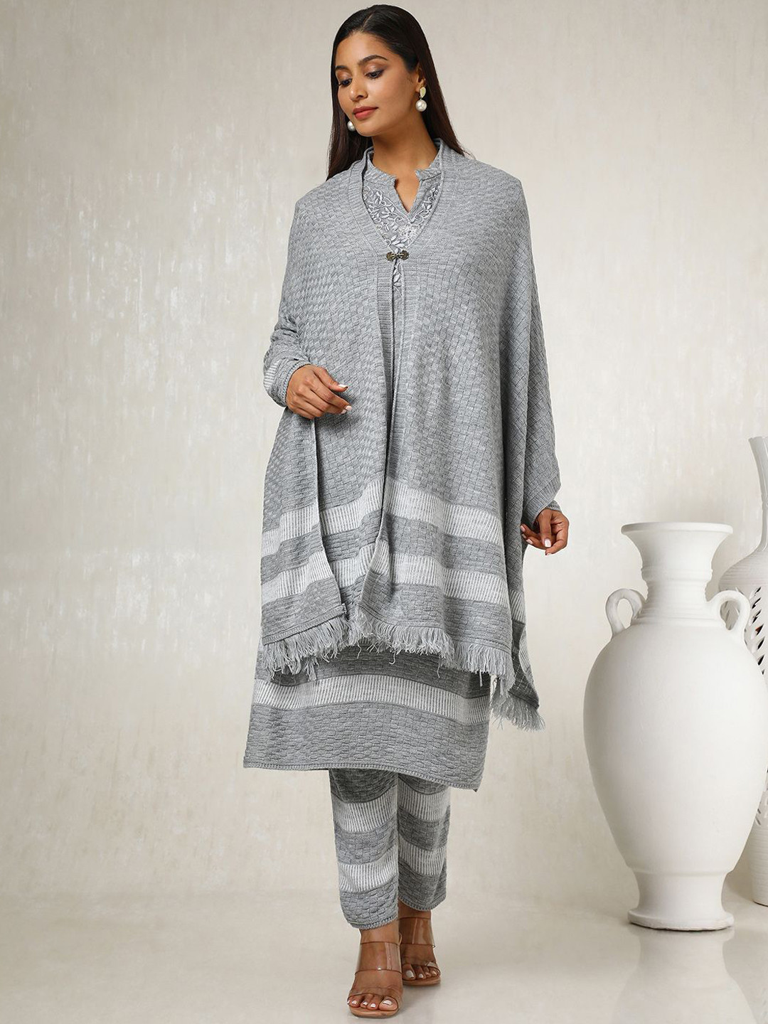 

Soch Women Regular Thread Work Kurta with Trousers & With Dupatta, Grey