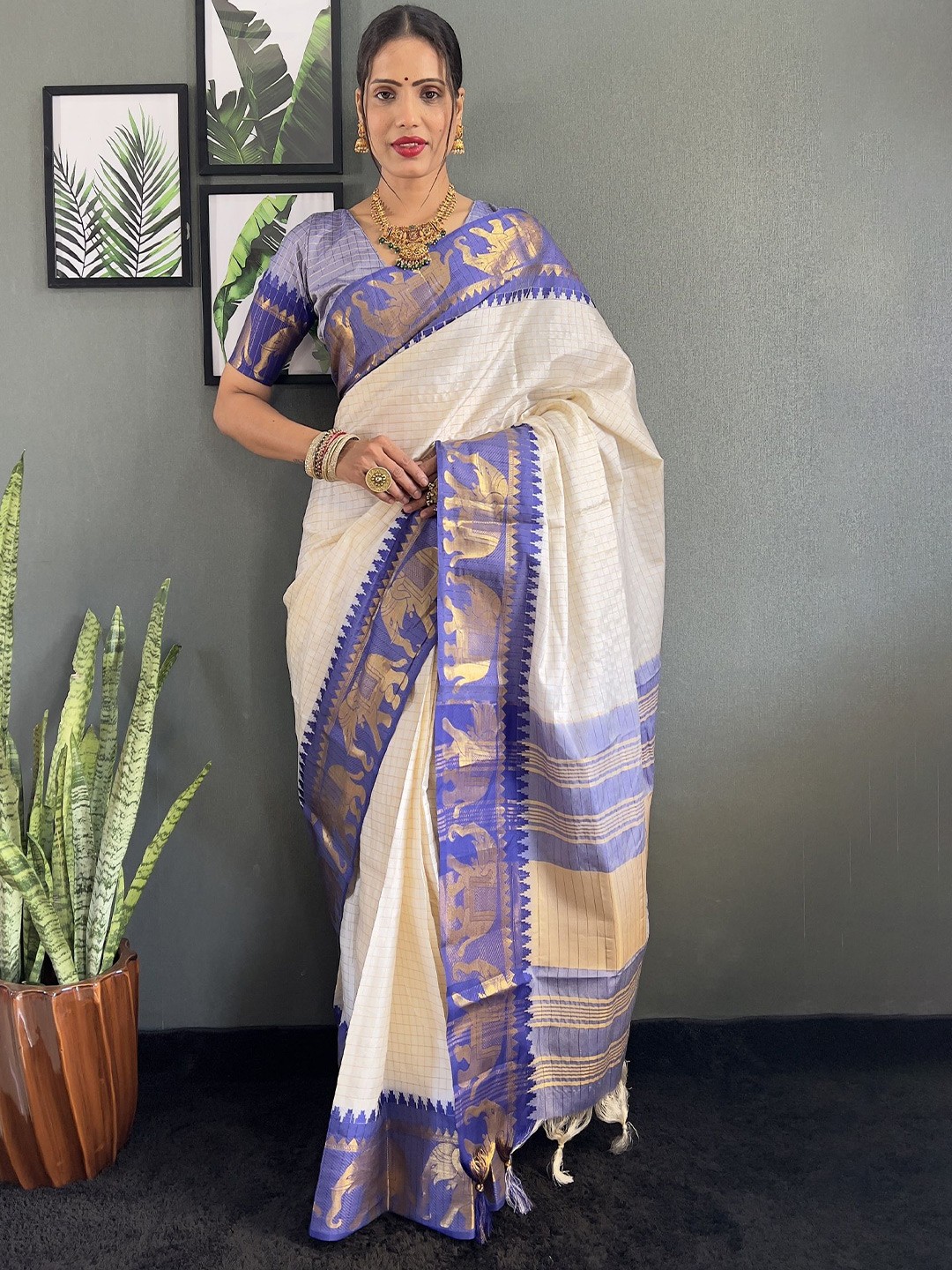 

JULEE Woven Design Zardozi Pure Silk Banarasi Saree, Blue