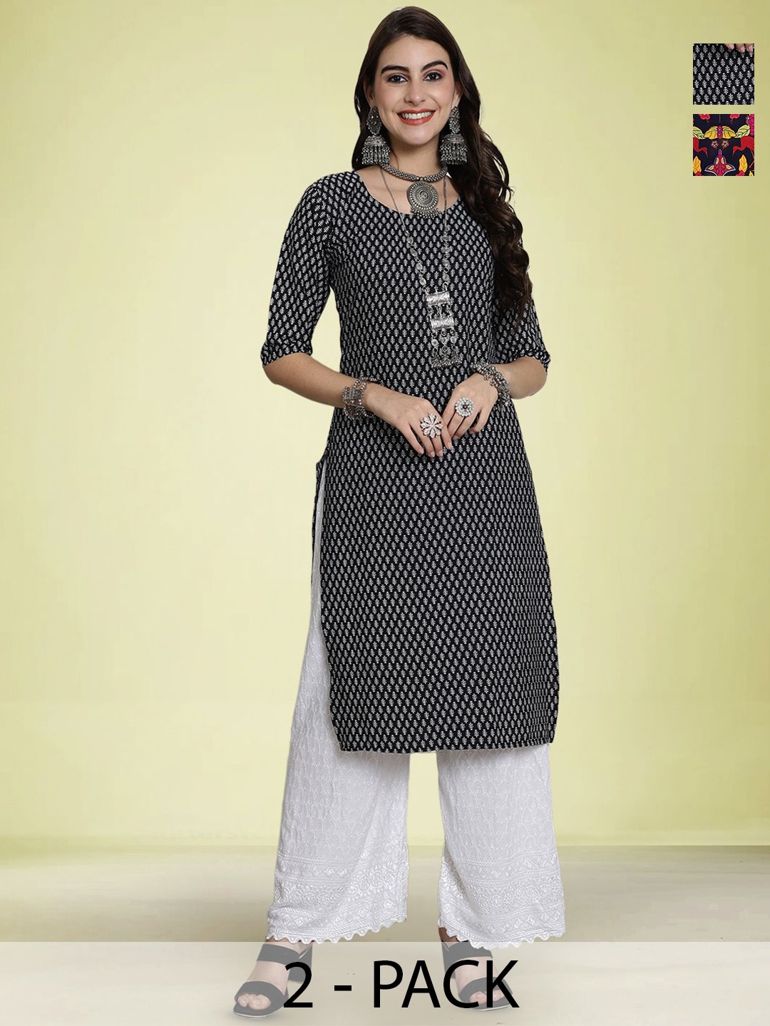 

Moda Rapido Selection Of 2 Floral Printed Round Neck Straight Kurtas, Black