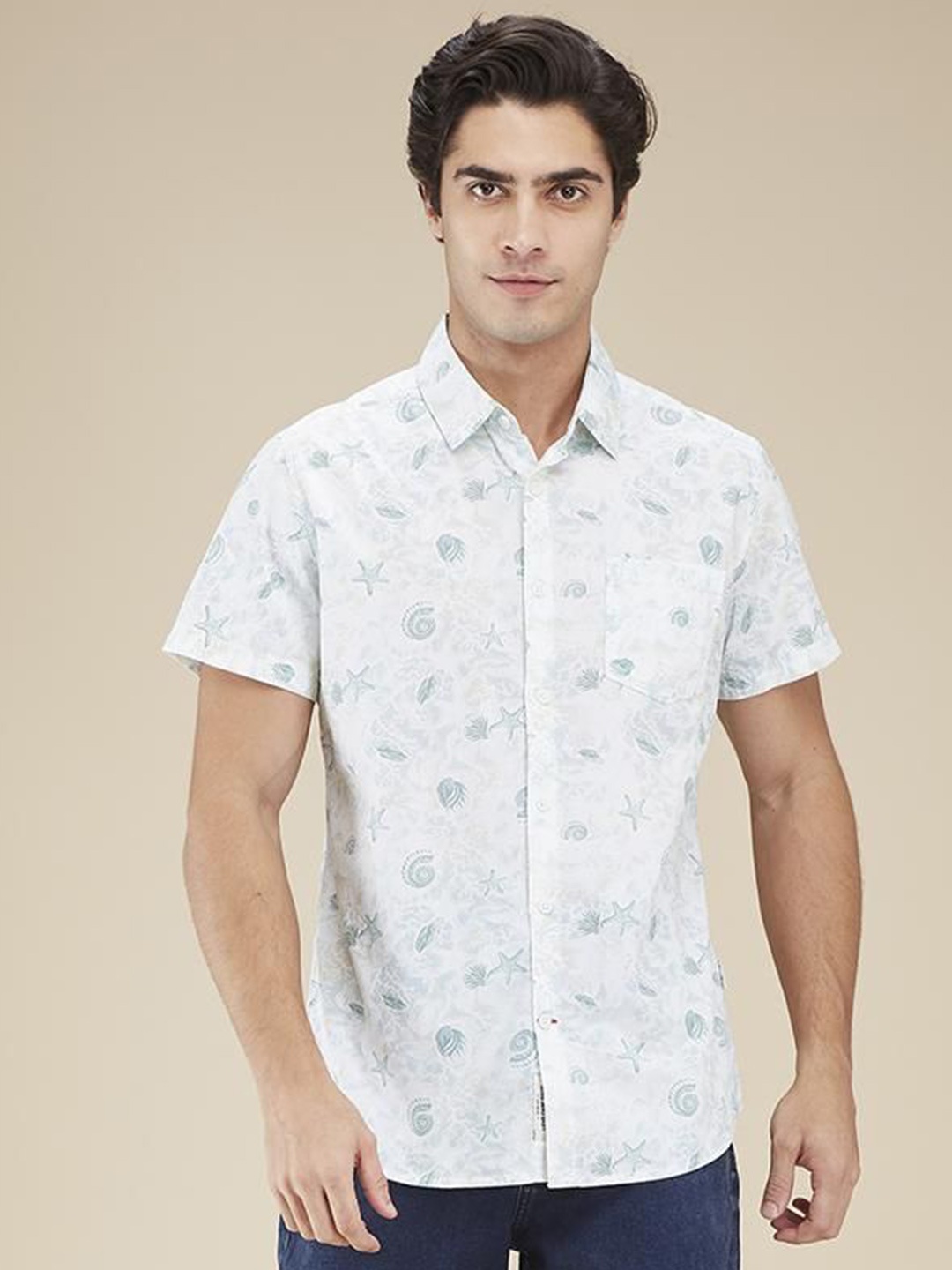 

Being Human Men Classic Fit Spread Collar Conversational Printed Cotton Casual Shirt, White