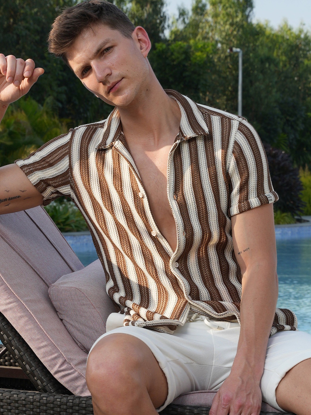 

POE Men Allura - Striped Crochet Shirt - Brown