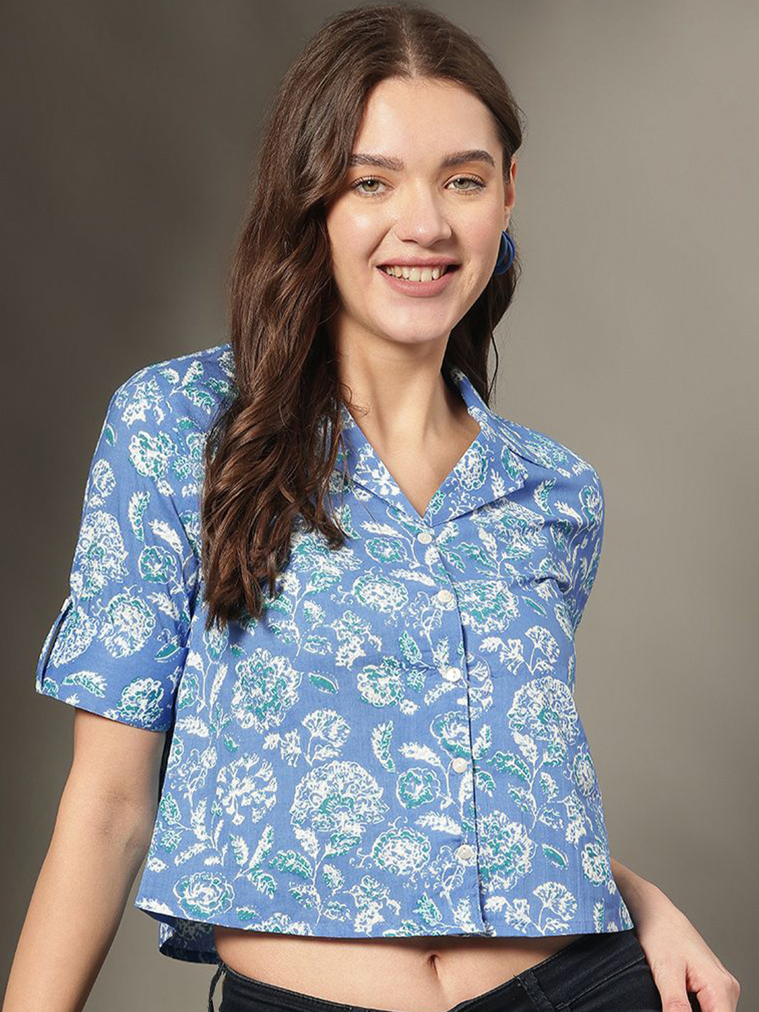 

KALINI Floral Printed Roll-Up Sleeves Cotton Shirt Style Crop Top, Blue