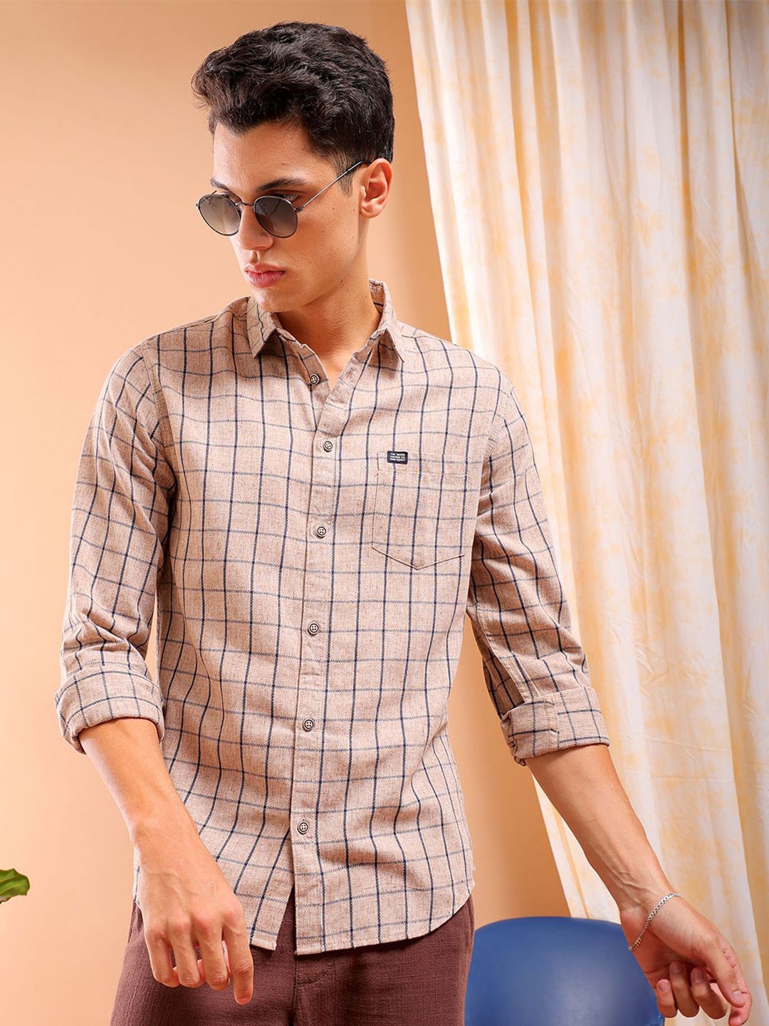 

The Indian Garage Co Slim Fit Tartan Checked Cotton Casual Shirt, Beige