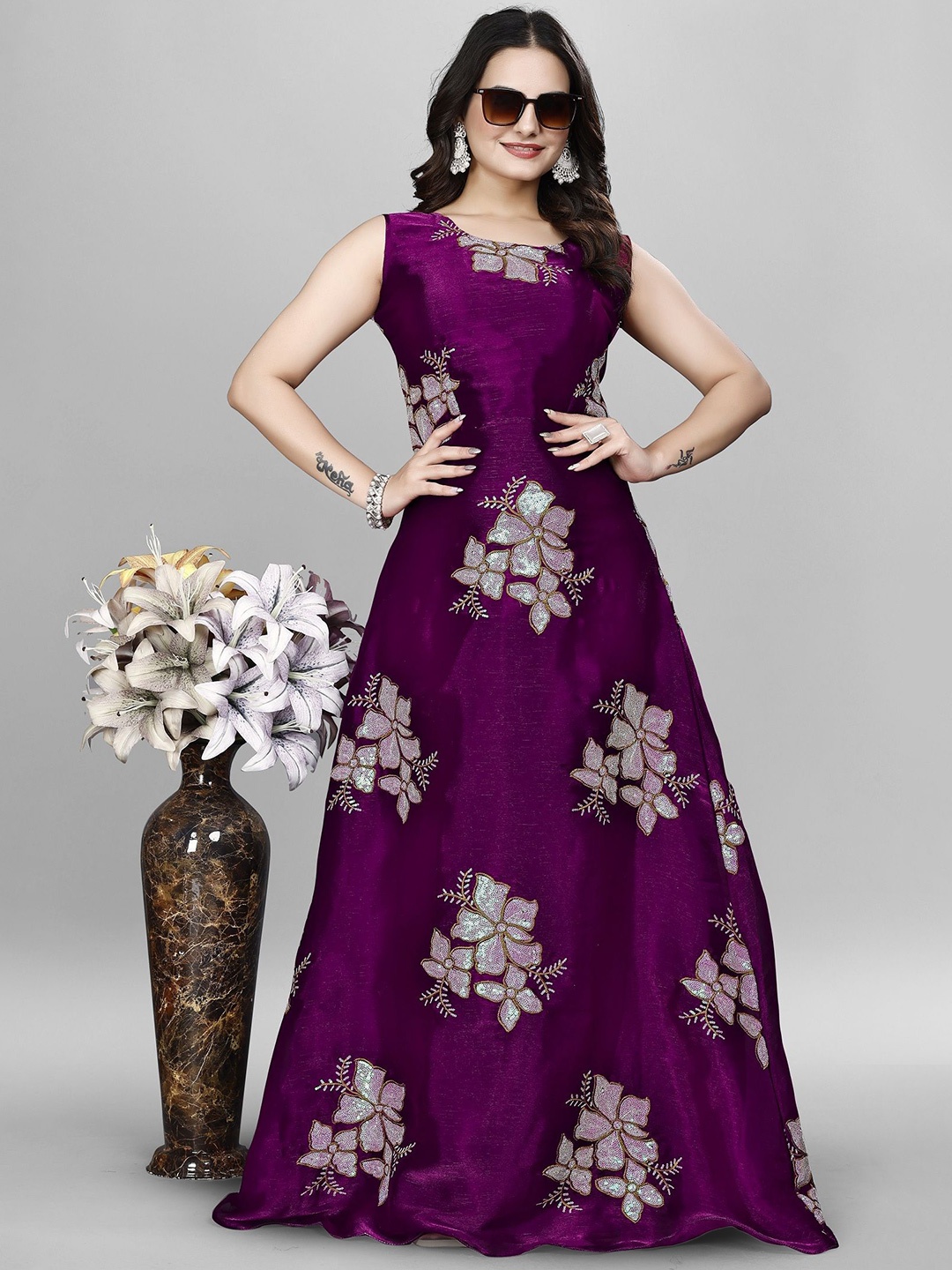 

JULEE Women Embellished Embroidered Net Fit & Flare Maxi Dress, Purple