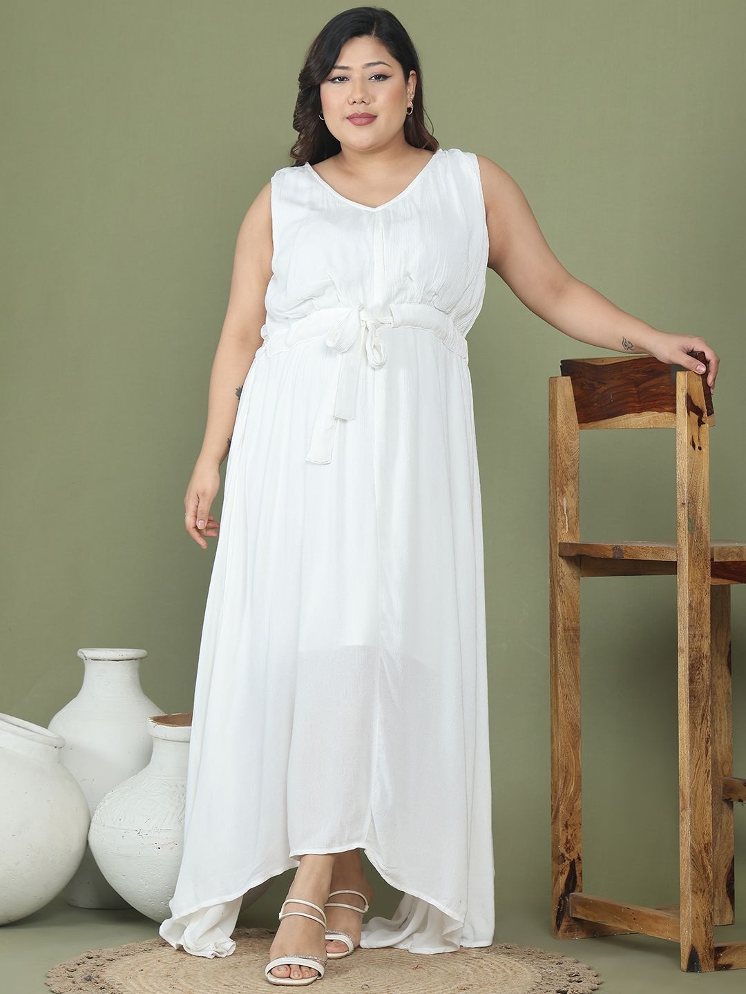 

theRebelinme Plus Size Fit and Flare Tie-Ups Maxi Dress, White