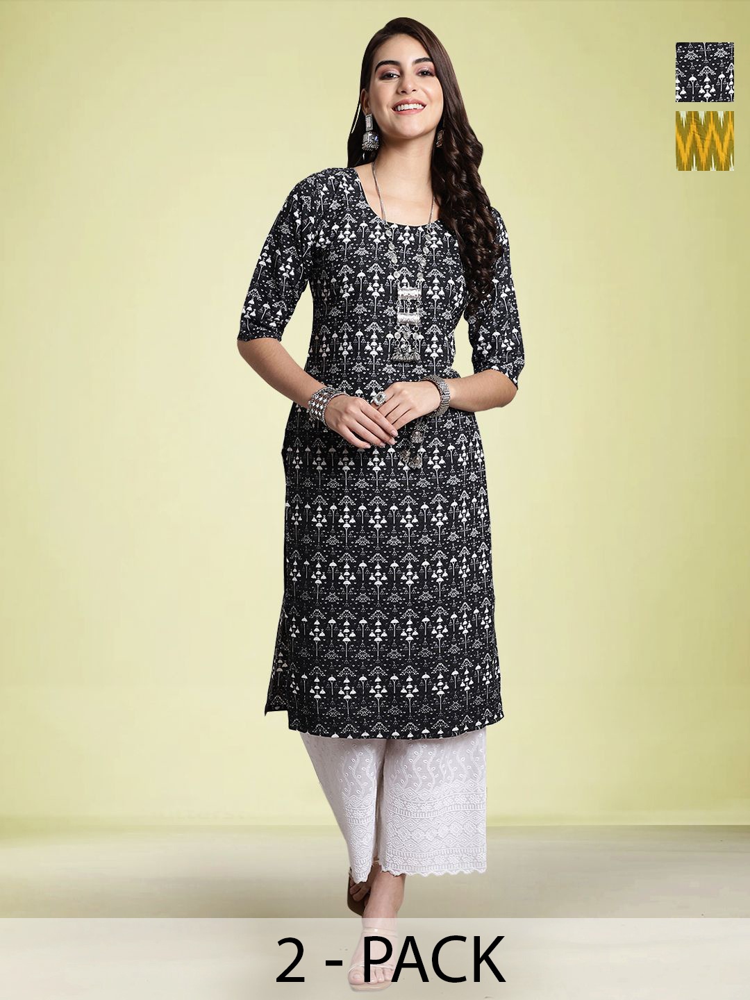 

Moda Rapido Pack Of 2 Printed Round Neck Kurtas, Black