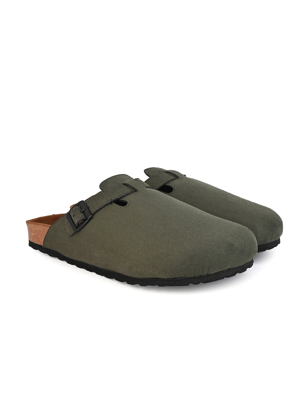 

Styli Men Faux Suede Clogs with Buckle Detail, Olive