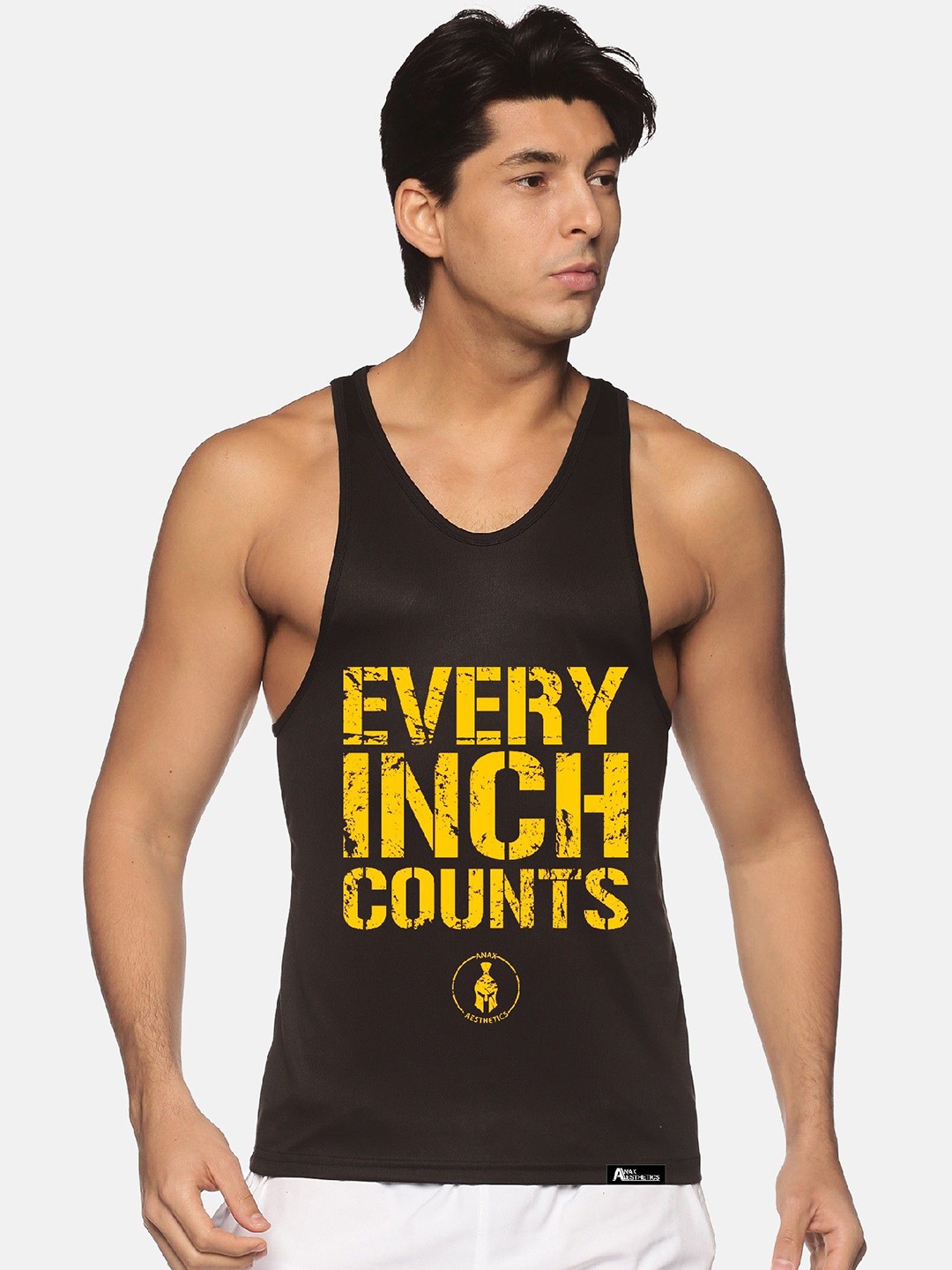 

Anax Aesthetics Men Polyester Dri-Fit Printed Sleeveless Sando Gym Vest Stringer Tank Top, Black