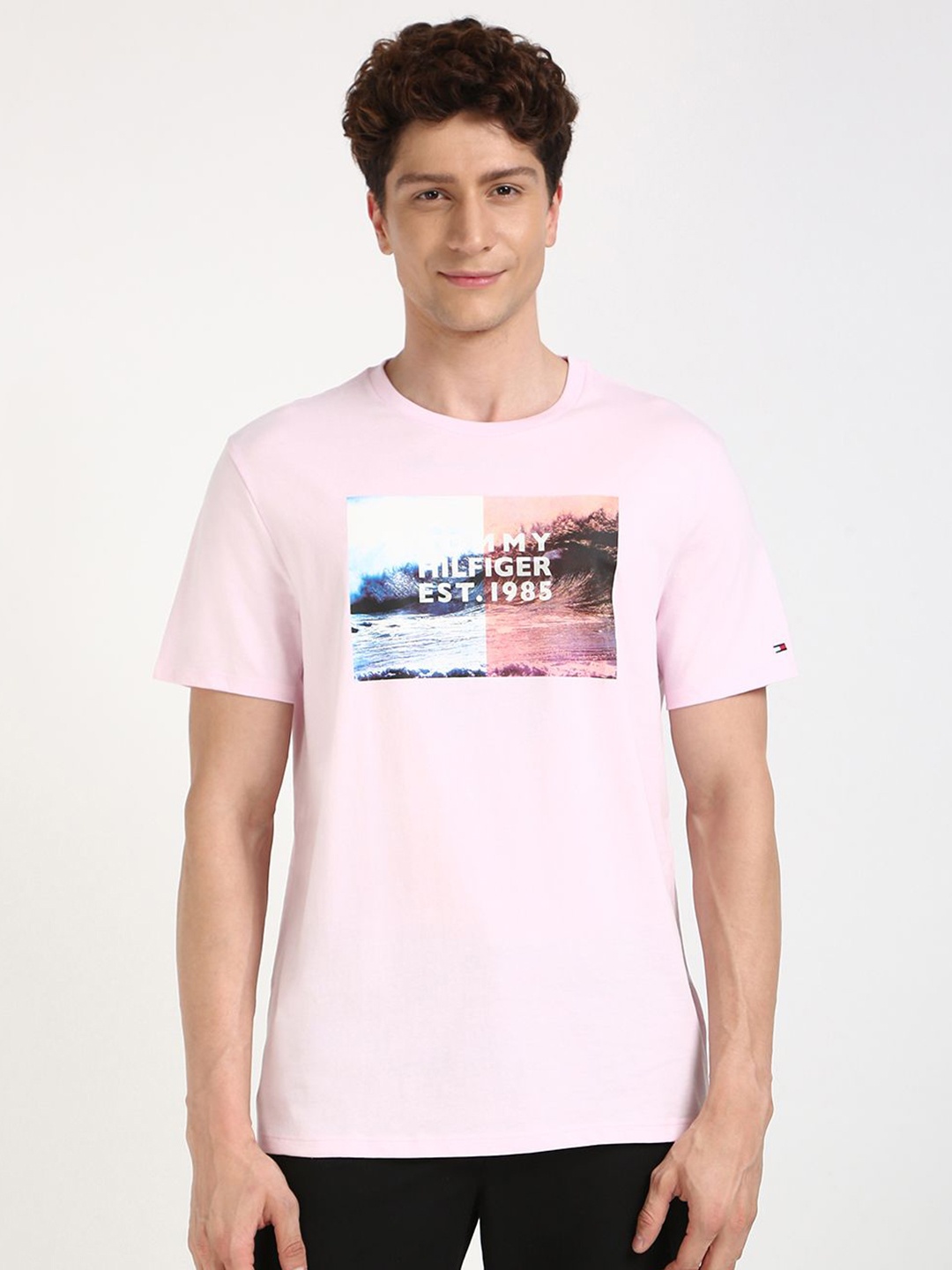 

Tommy Hilfiger Men Graphic Printed Round Neck Cotton T-shirt, Pink